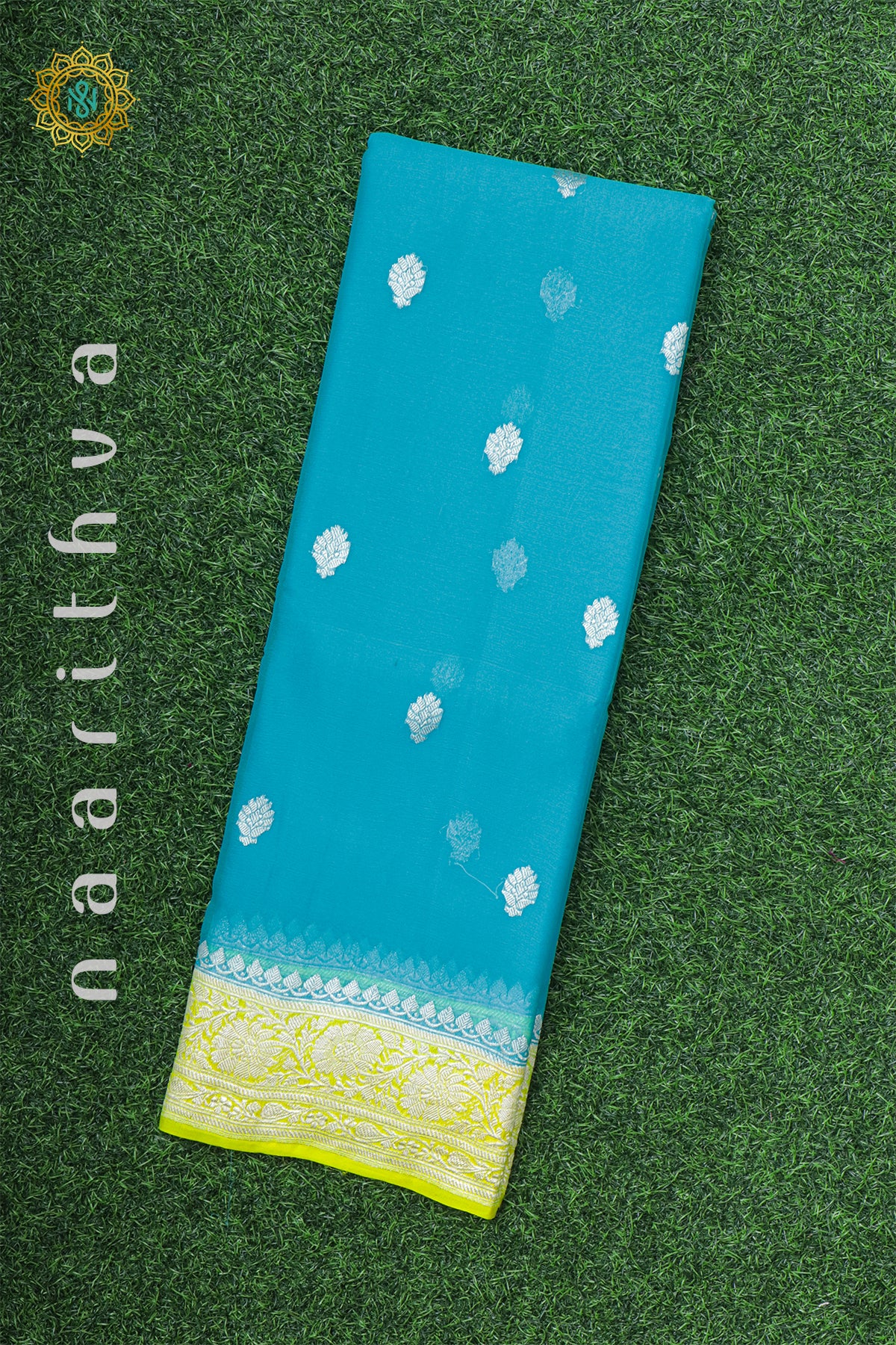 SKY BLUE WITH LEMON YELLOW - PURE BANARASI CHIFFON