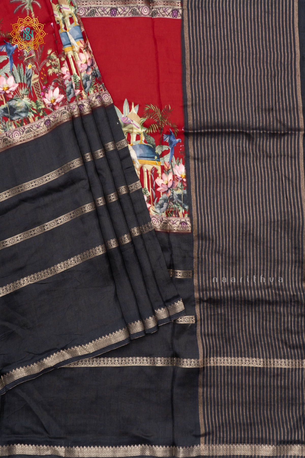 BLACK WITH RED - SEMI CREPE SILK