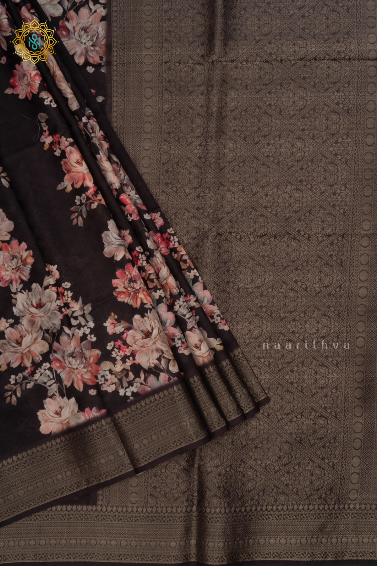 Black Semi Crepe Silk Saree with Printed Body, Zari Border, and Zari Pallu