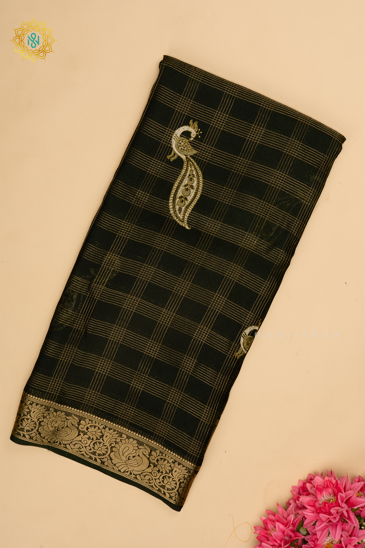 Bottle Green Semi Georgette Saree With Zari Checks Body, Printed Buttas And Zari Border