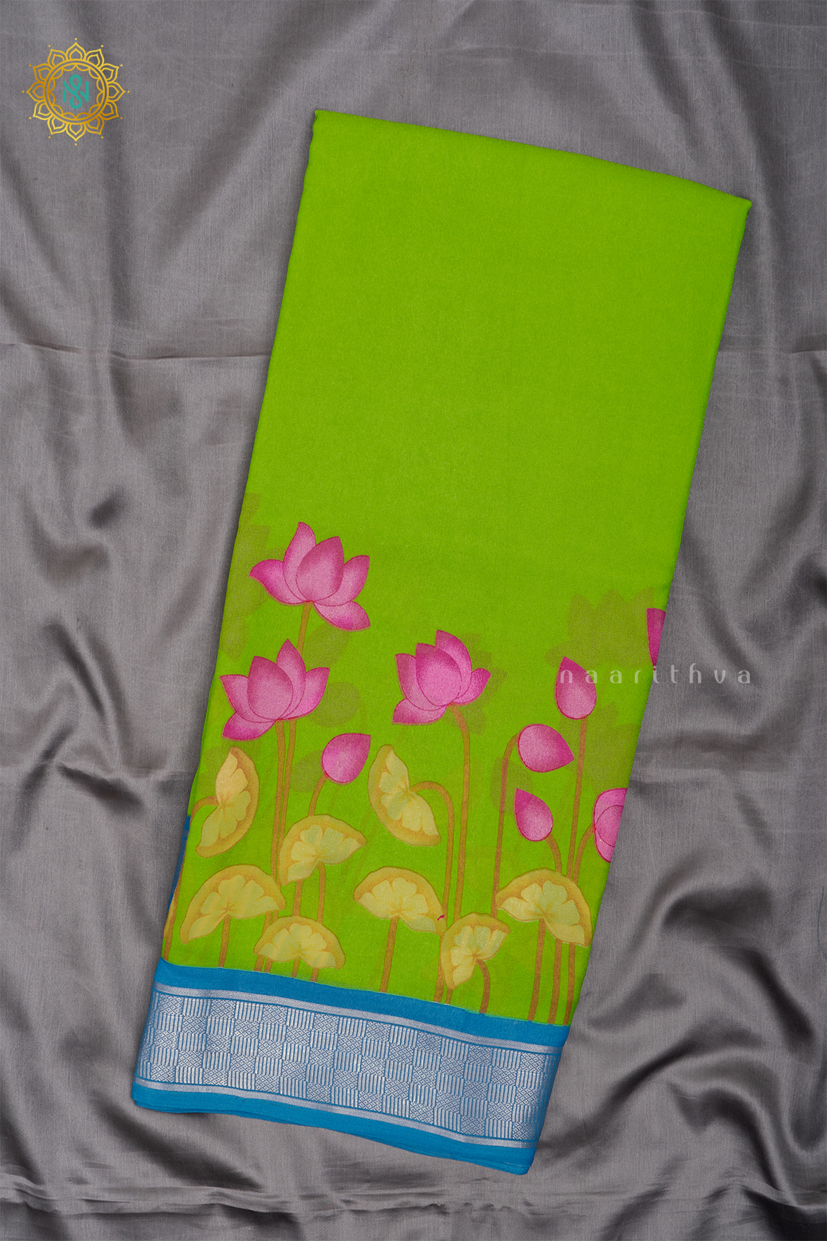 PARROT GREEN WITH SKY BLUE - SEMI GEORGETTE