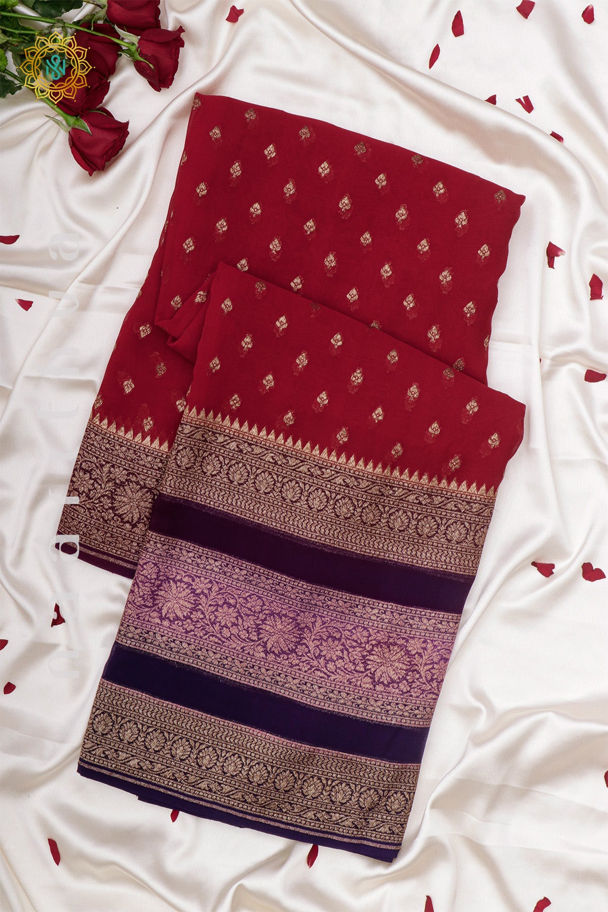 RED WITH PURPLE, PINK & NAVY BLUE - PURE HANDLOOM KHADDI GEORGETTE BANARAS