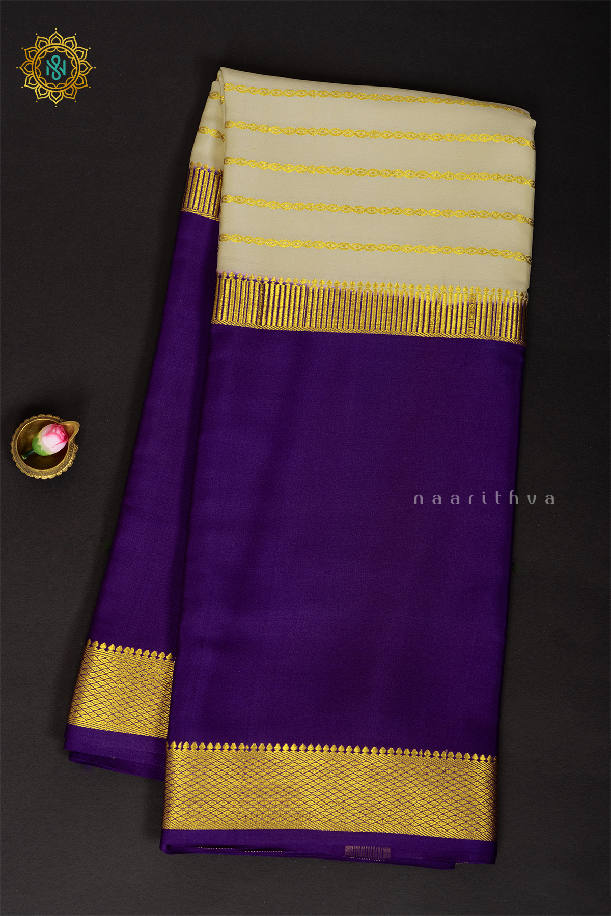 WHITE WITH VIOLET - PURE MYSORE CREPE SILK