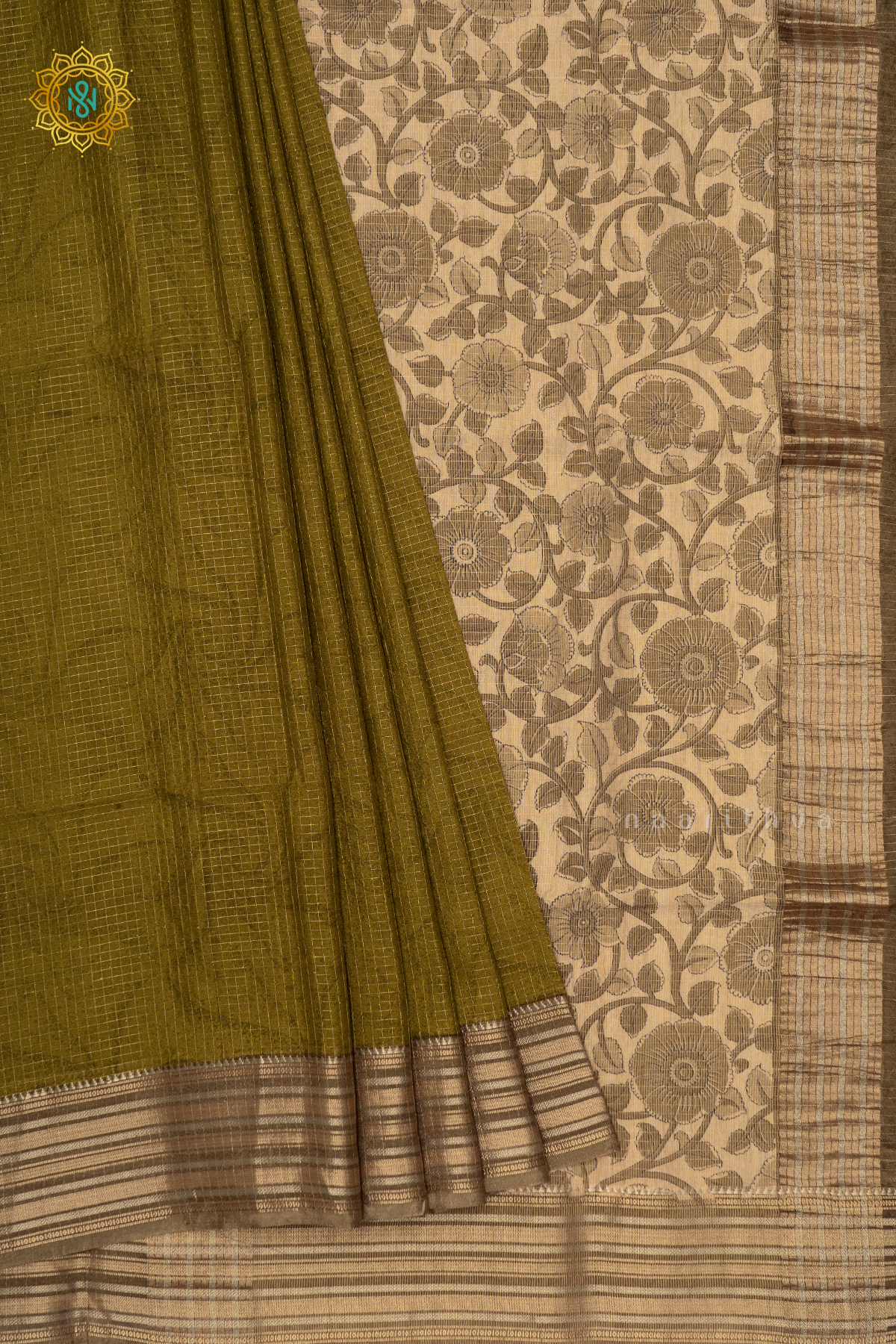 PARROT GREEN WITH BEIGE - SEMI CREPE SILK