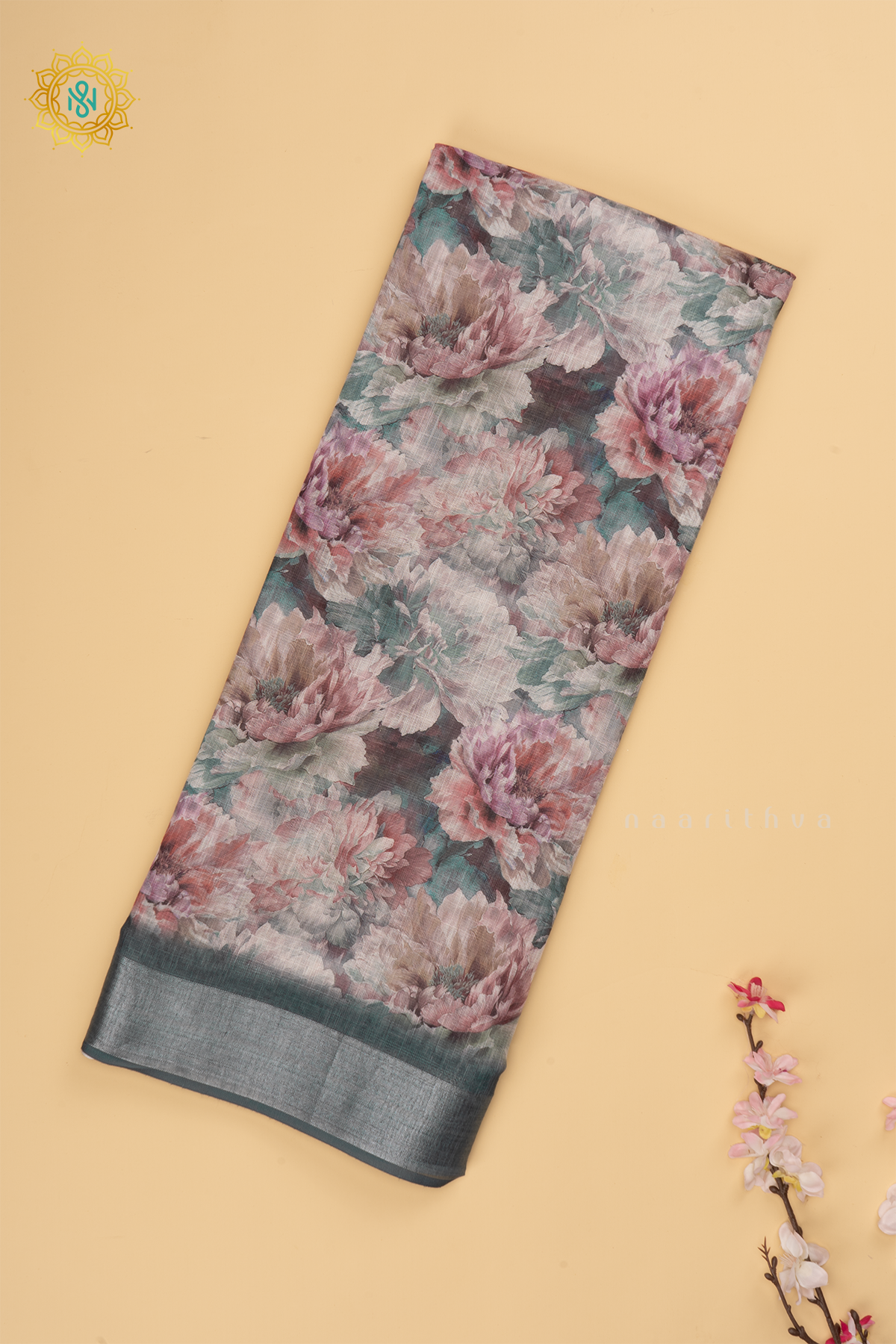 Sage Green Linen By Cotton Saree With Floral Printed Body