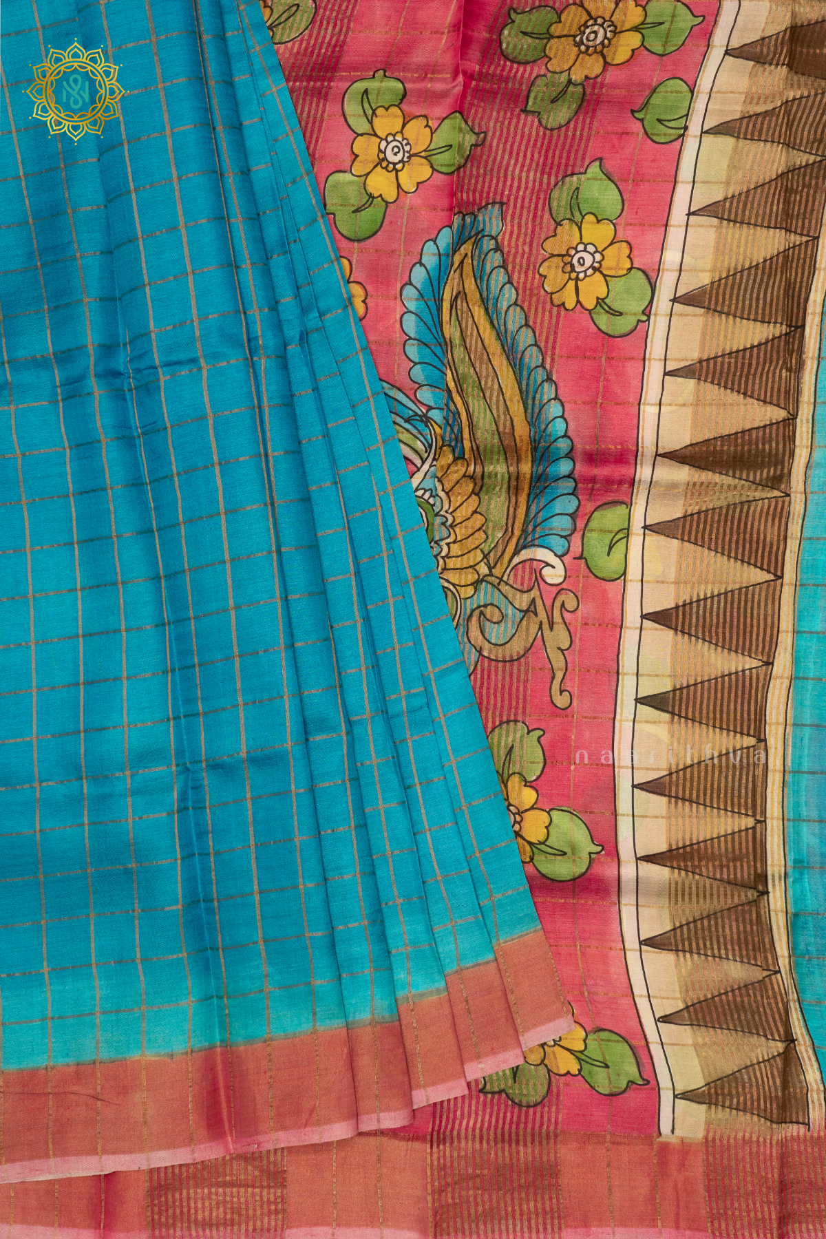 SKY BLUE WITH PEACH - PURE TUSSAR SILK