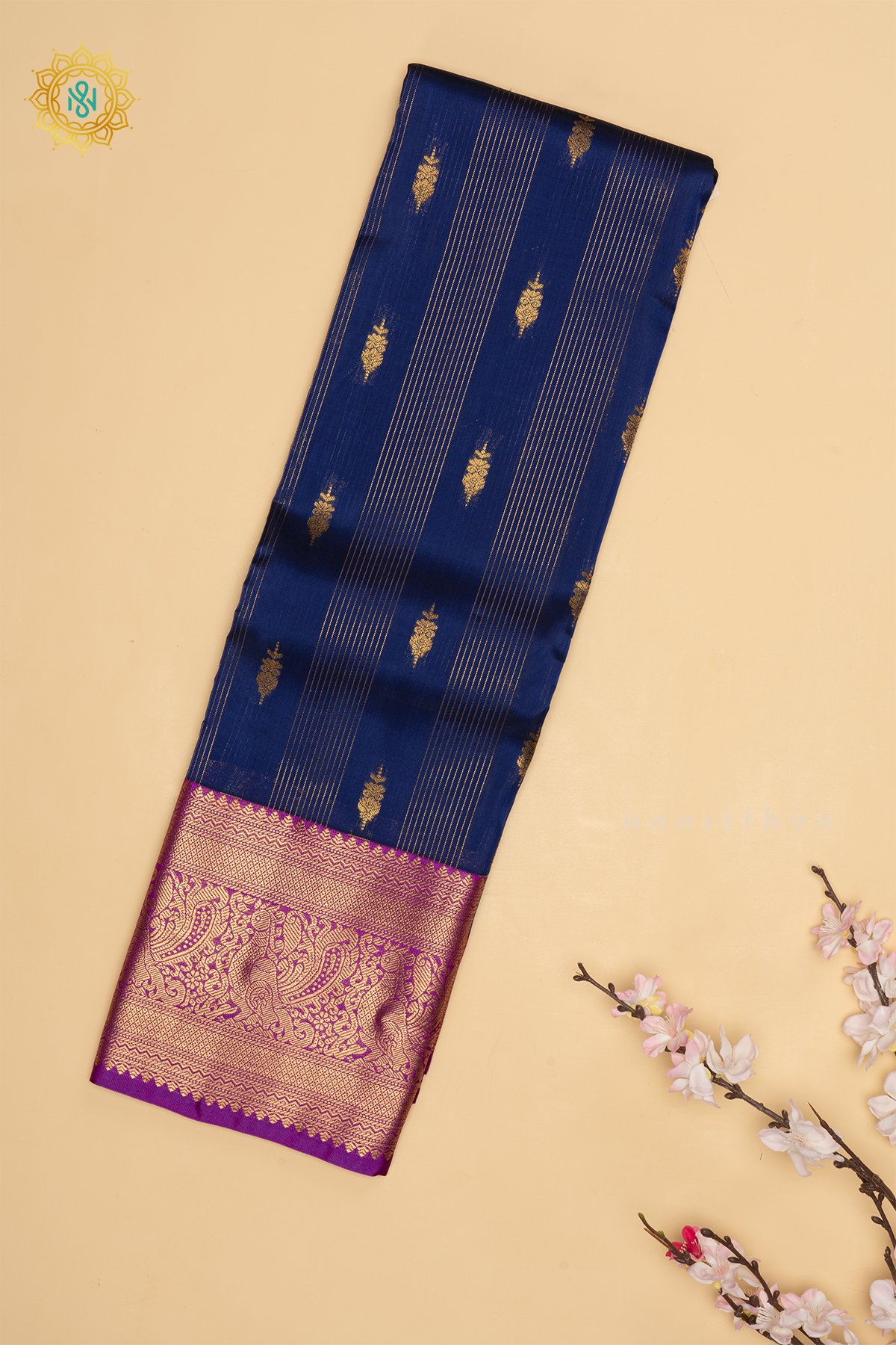Blue With Magenta Pure Mix Kanjivaram Silk Saree with Zari Woven Stripes, Buttas and Zari Woven Contrast Border