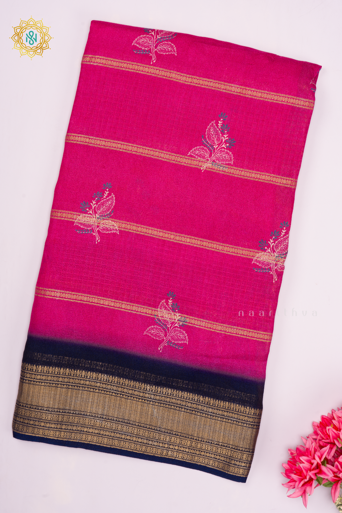 PINK WITH NAVY BLUE - SEMI GEORGETTE