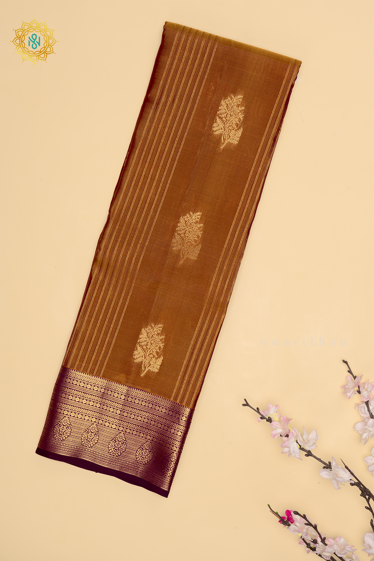 Mustard with Wine Pure Mix Kanjivaram Silk Saree with Zari Woven Stripes, Buttas and Zari Woven Contrast Border