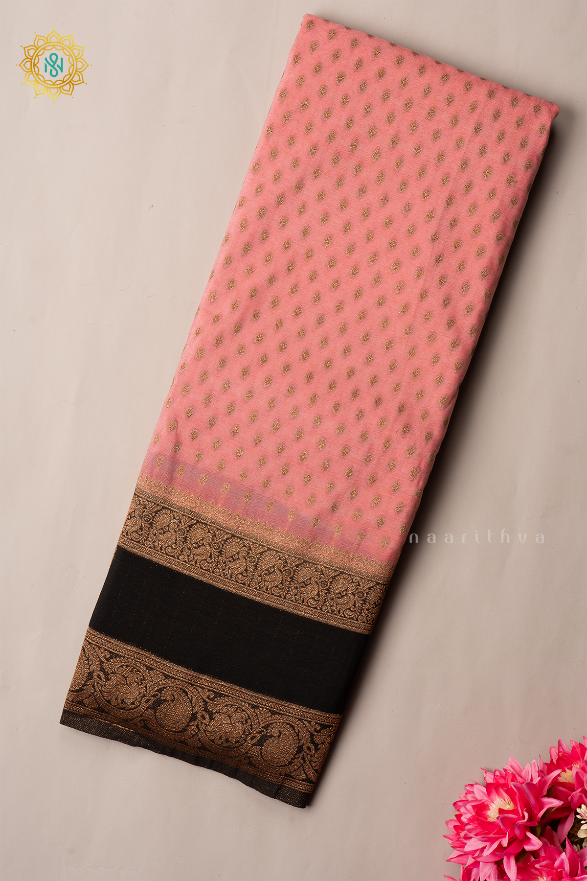 PEACH WITH BLACK - SEMI CREPE GEORGETTE