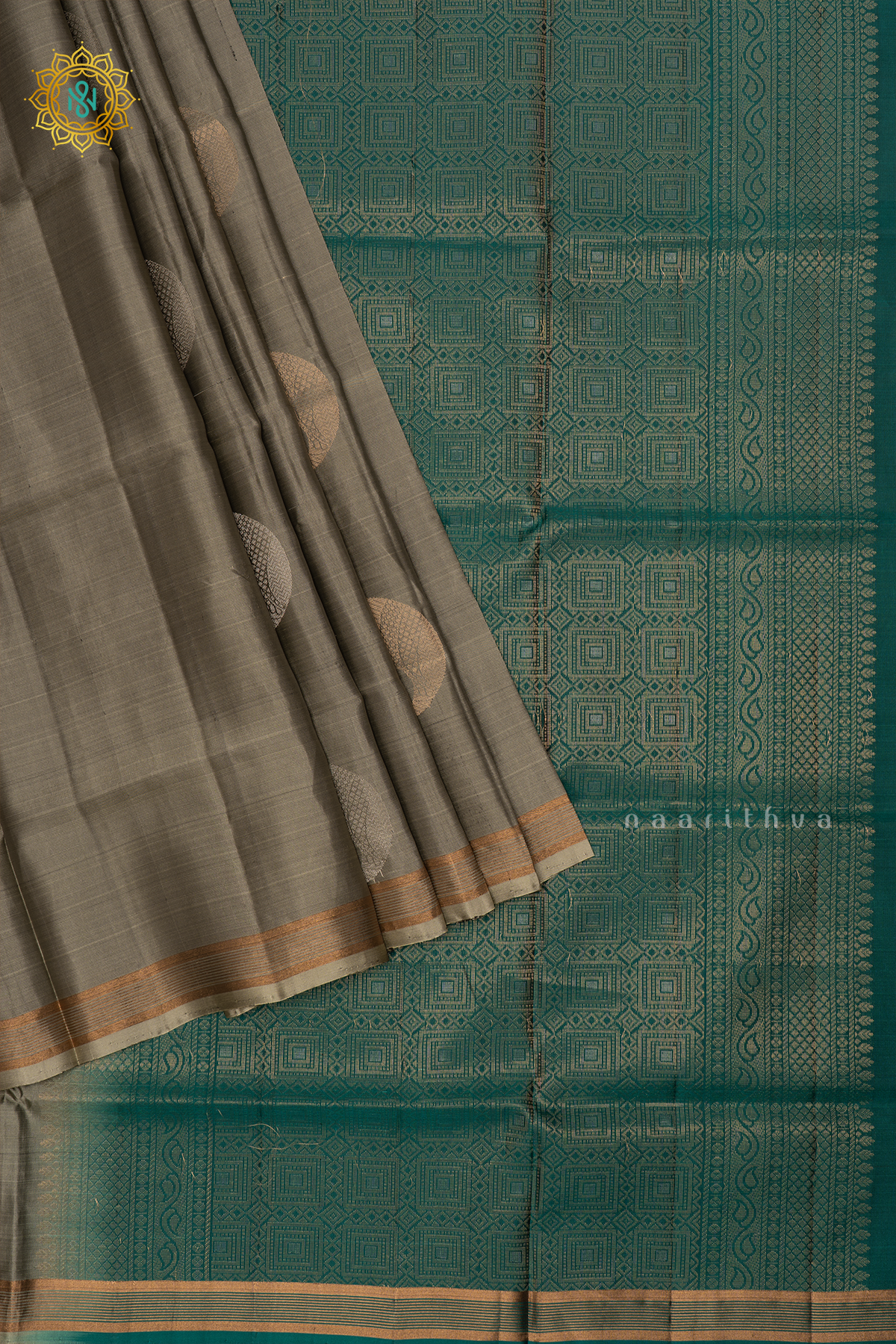 Sage Green with Aqua Blue Pure Mix Kanjivaram Soft Silk Saree with All-Over Zari Buttas and a Contrast Zari Border