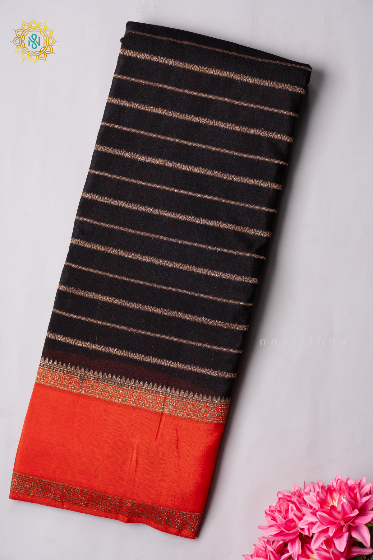 BLACK WITH ORANGE - SEMI CREPE GEORGETTE