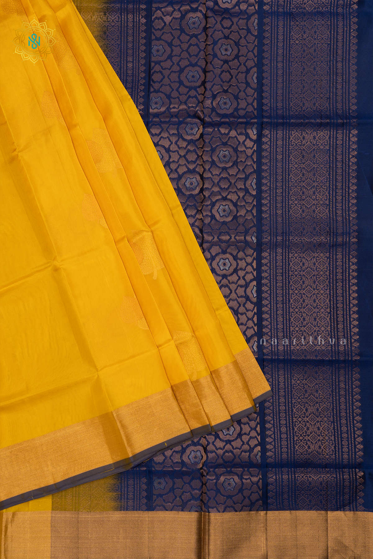 Yellow with Navy Blue Pure Mix Kanjivaram Soft Silk Saree with All-Over Zari Buttas and a Contrast Zari Border