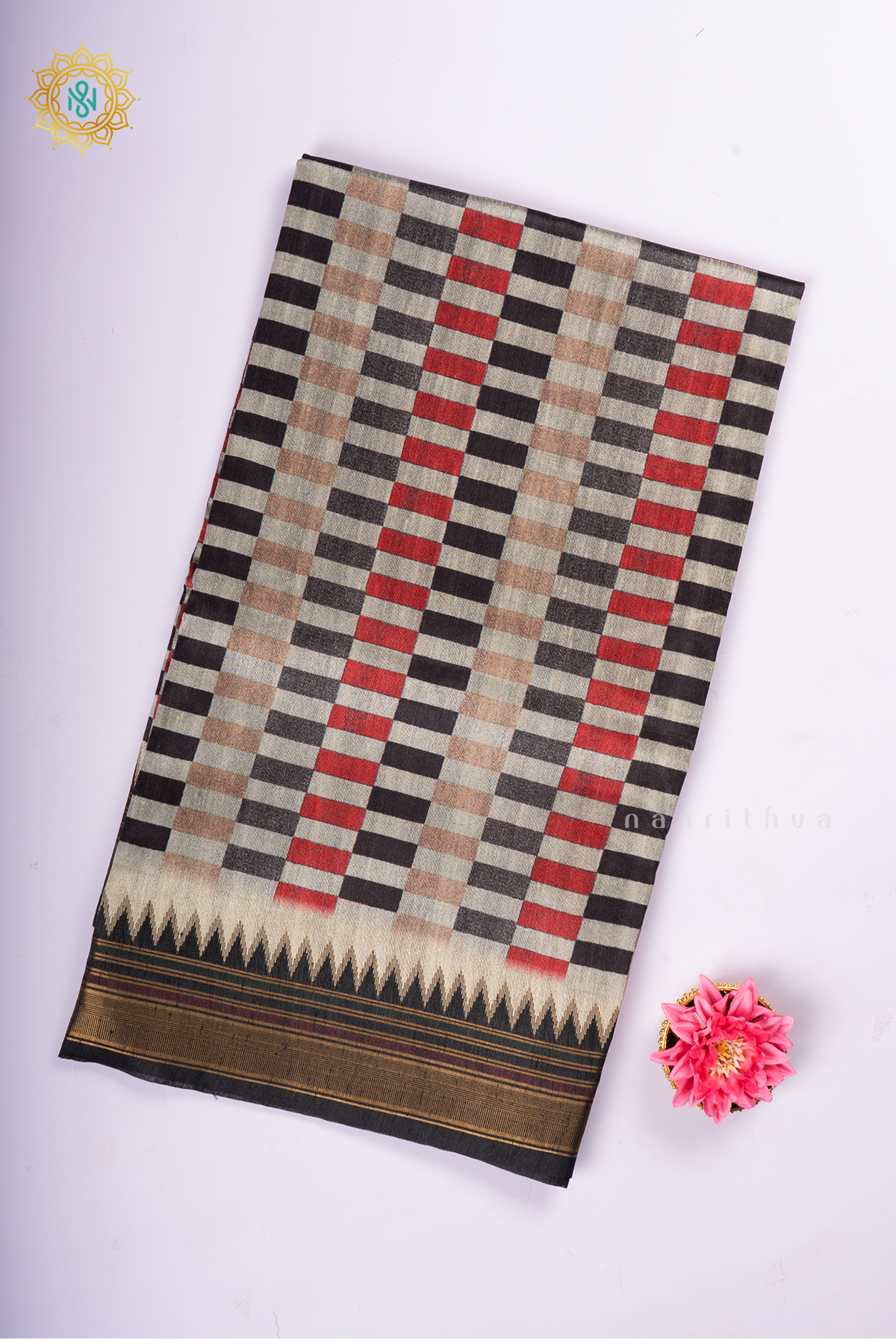 Black Semi Tussar Silk With Printed Body With Zari Border & Pallu