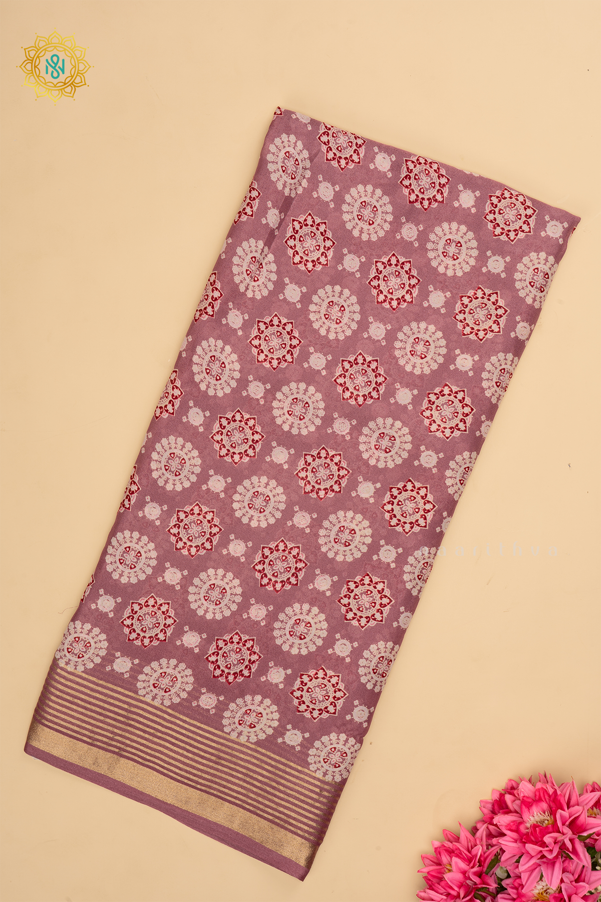 MAUVE - SEMI GEORGETTE PRINTED BODY WITH ZARI STRIPED BORDER