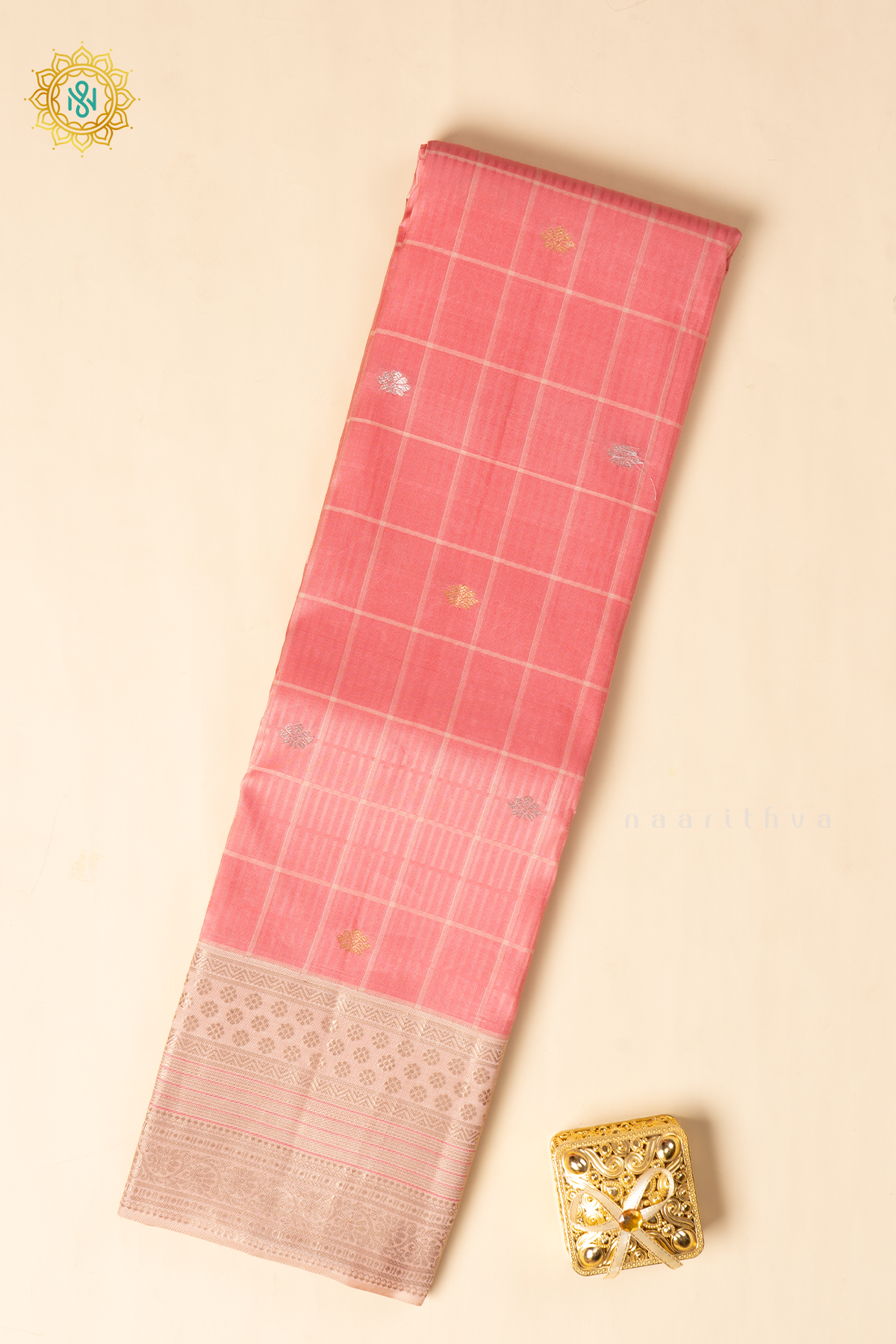 Pink with Cream Pure Kanjivaram Silk Saree with Zari Woven Checks,Buttas and Zari Border