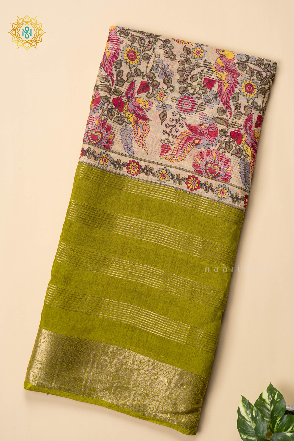 OFF WHITE WITH PARROT GREEN - SEMI GEORGETTE