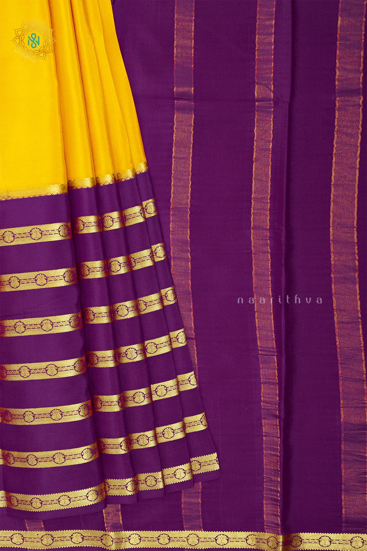 YELLOW WITH PURPLE - PURE MYSORE CREPE SILK