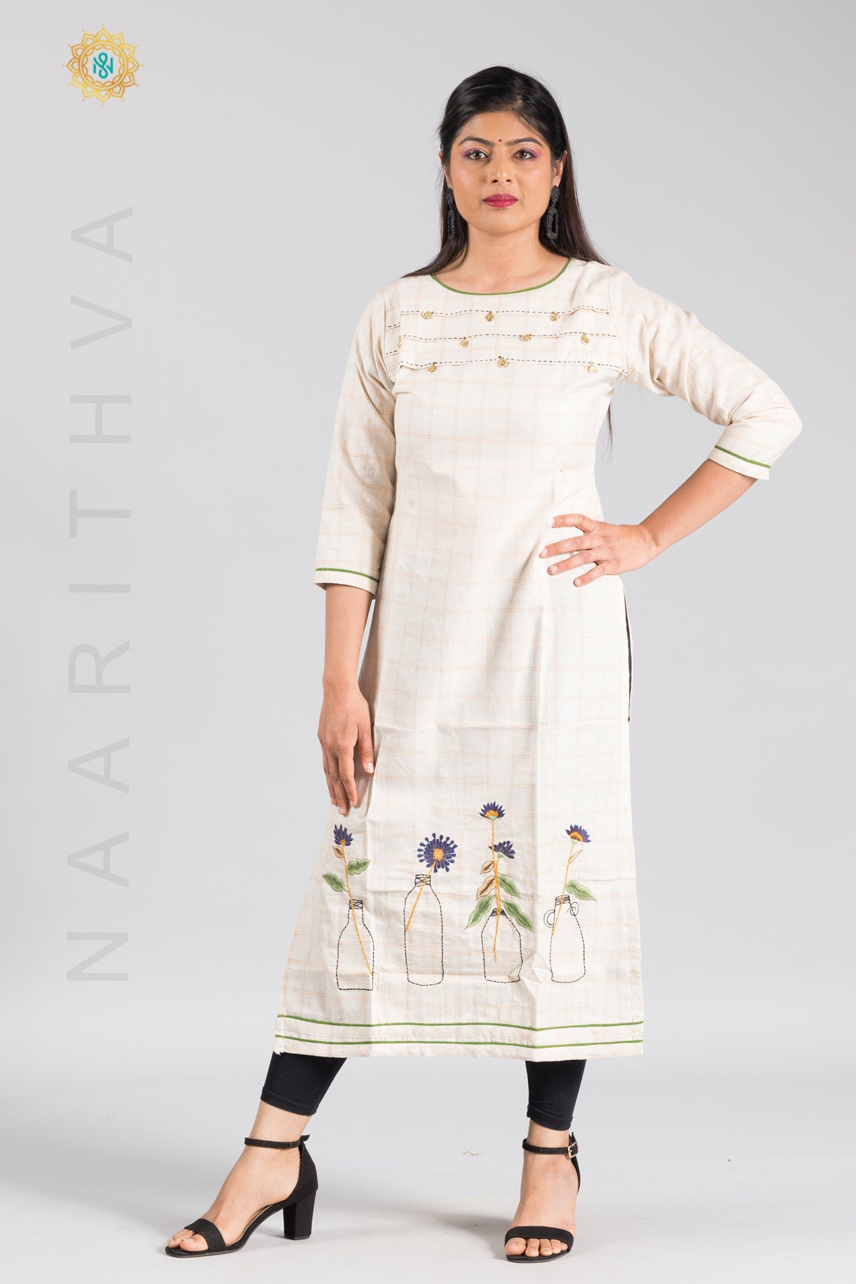 OFF WHITE - COTTON STRAIGHT CUT CASUAL KURTI WITH THREAD EMBROIDERY