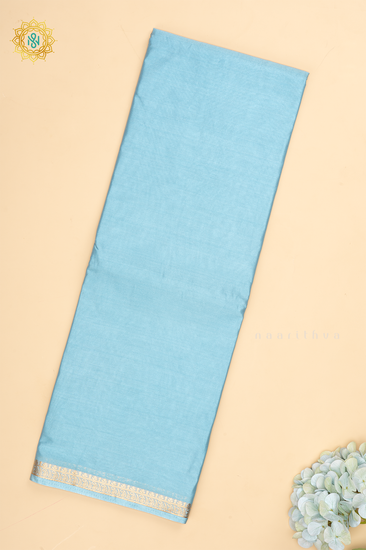 Sky Blue Semi Mysore Crepe Silk with Plain Body and Zari Border