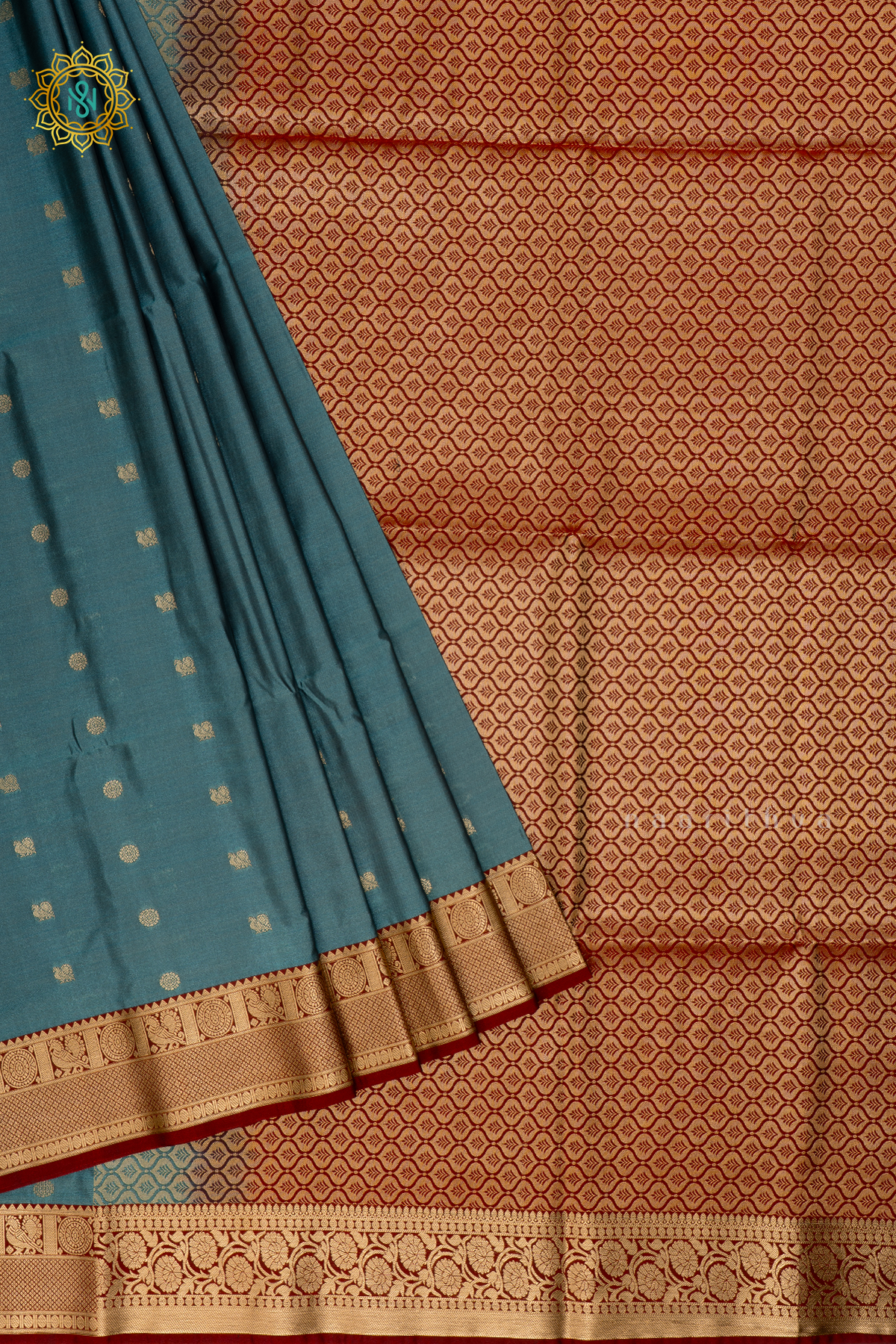 Sky Blue With Maroon Semi Soft Silk Saree Allover Zari Buttas And Contrast Zari Border