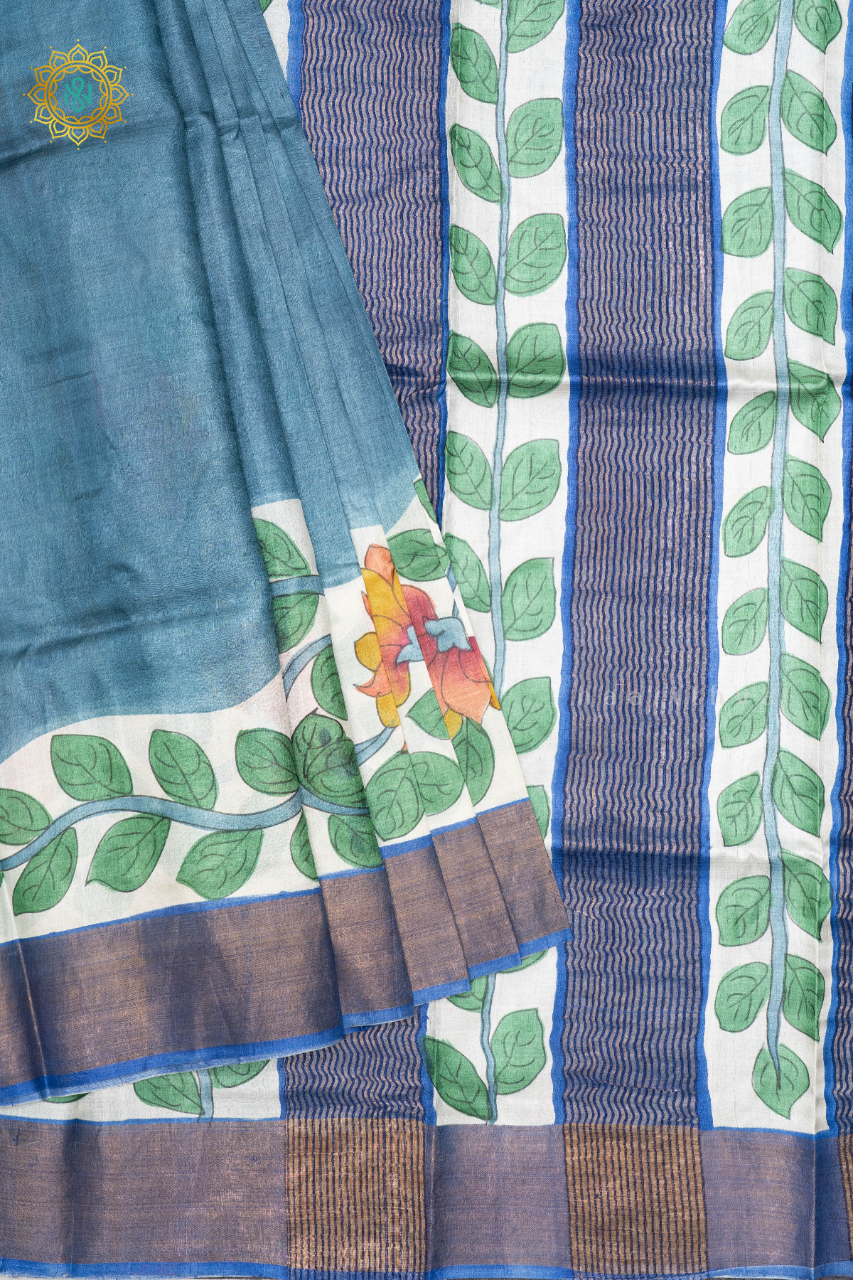 AQUA BLUE WITH BLUE - PURE TUSSAR SILK