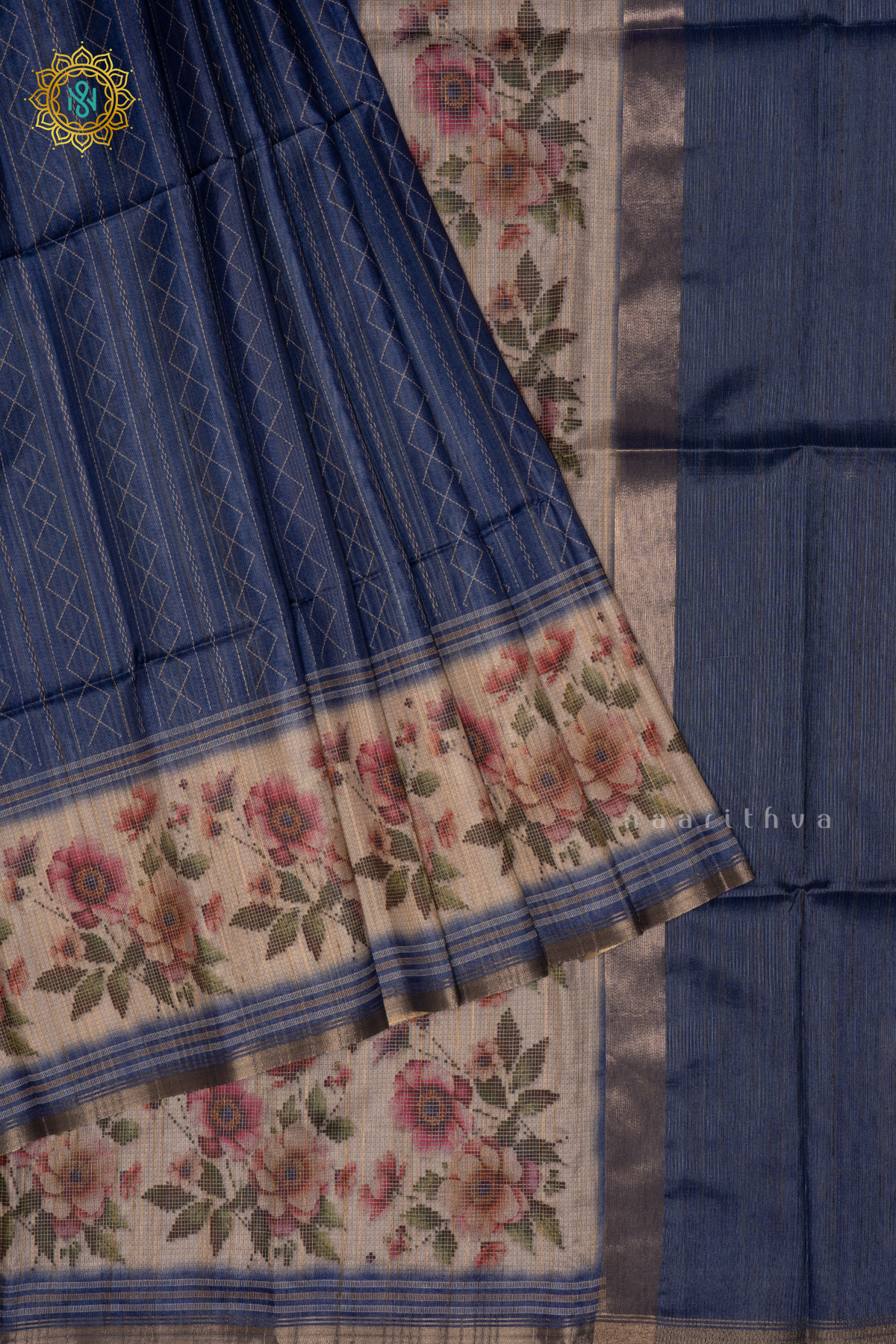 Blue Semi Tussar Silk Saree With Printed Body And Printed Border