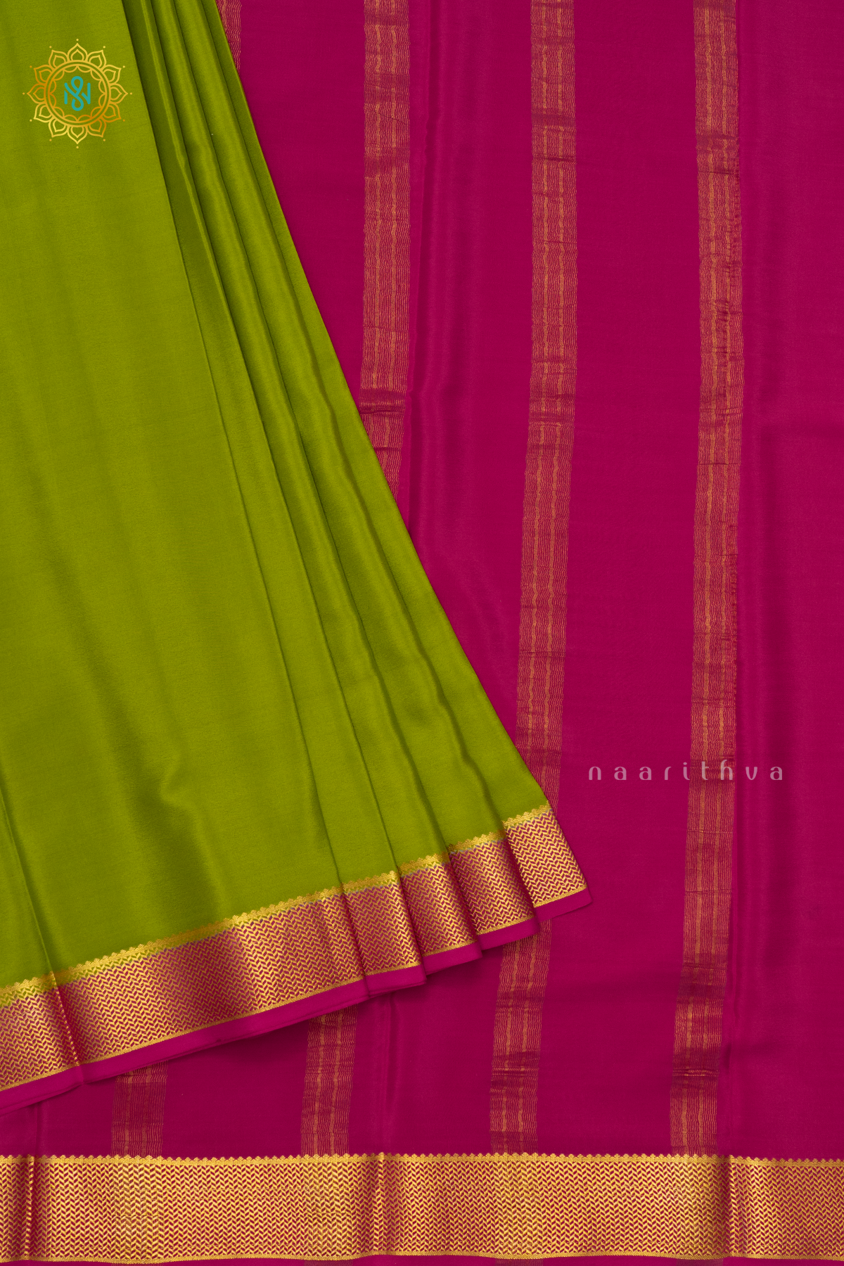 PARROT GREEN WITH PINK - PURE MYSORE CREPE SILK