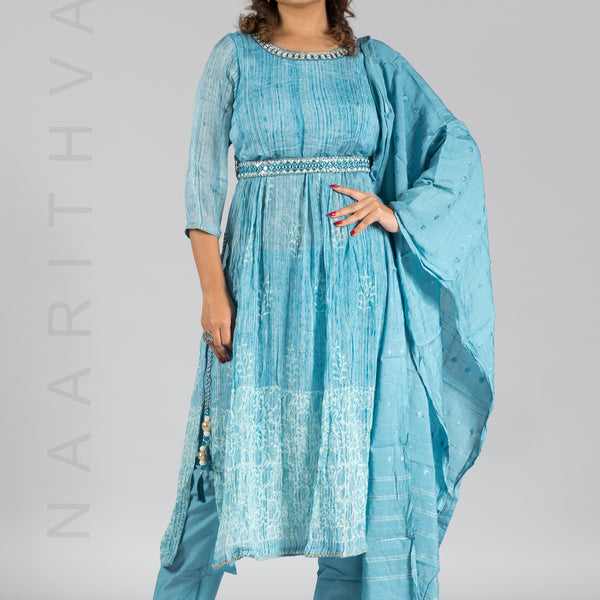 BLUE & WHITE - PARTY WEAR NAYRA CUT SALWAR SUIT WITH PARALLEL CUT PANT &  DUPATTA