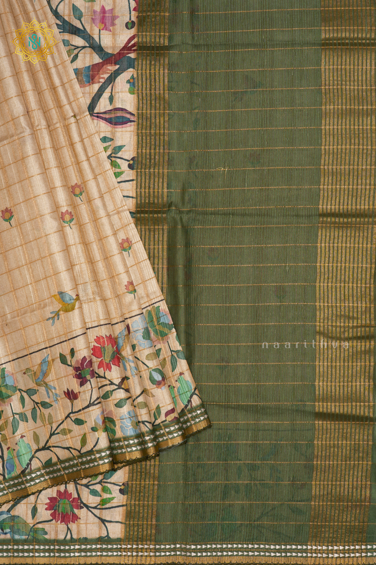 Off White With Light Green Semi Tussar Silk Saree Allover Printed And Zari Striped Body With Thread Woven Tissue Border