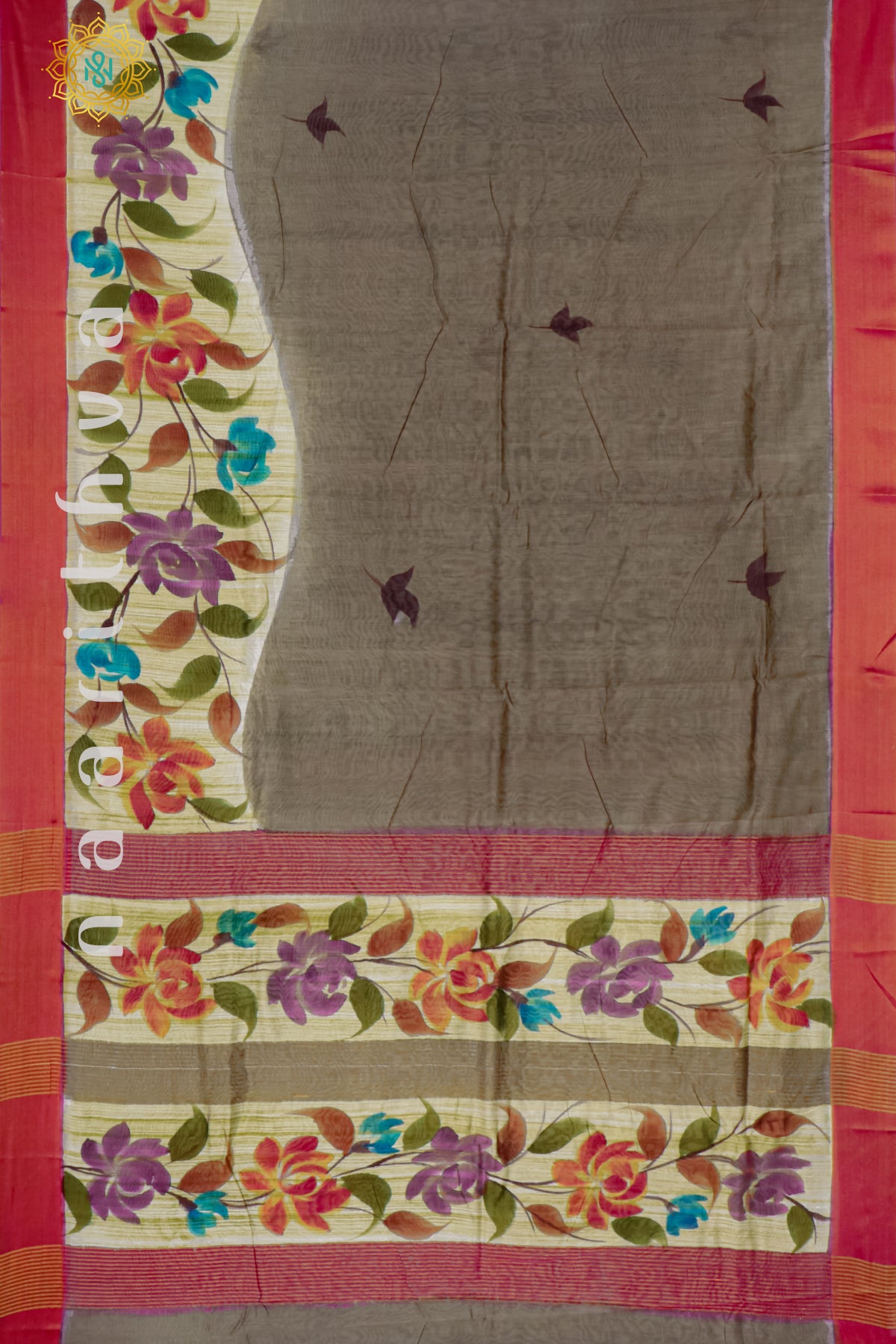 GREY WITH PINK - CHANDERI SILK WITH HAND PAINTED