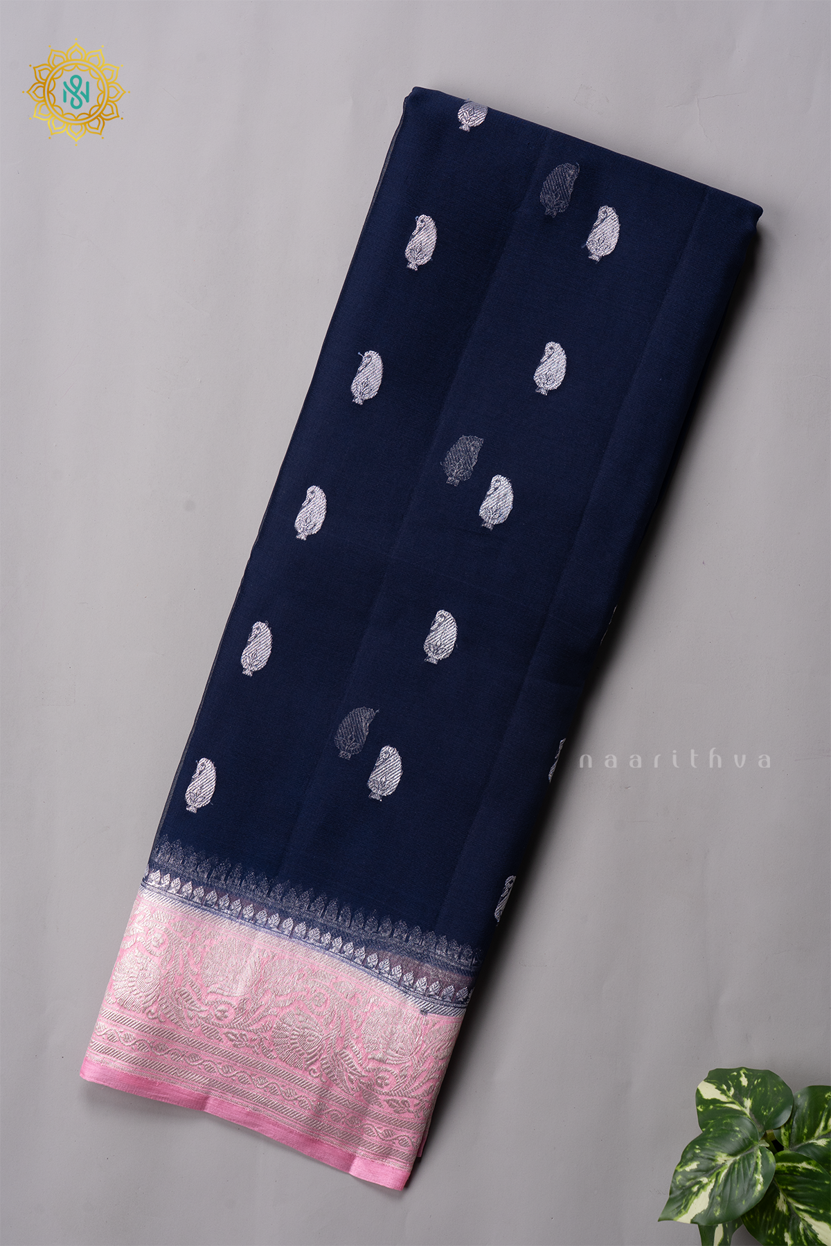 NAVY BLUE WITH LIGHT PINK - PURE BANARASI CHIFFON