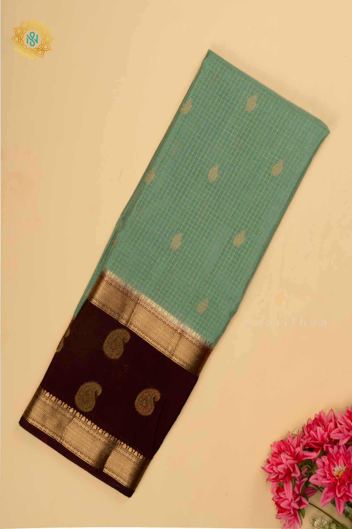Aqua Green with Brown Semi Mysore Crepe Silk Saree with All-Over Zari Checks and Buttas and a Contrast Zari Gap Border