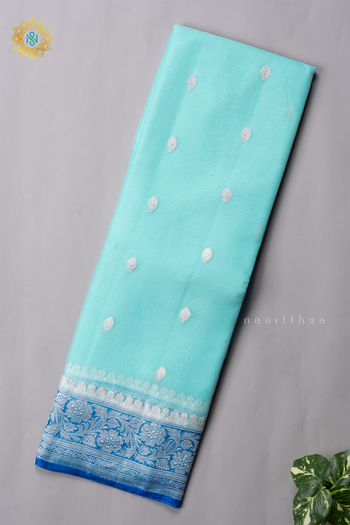 AQUA BLUE WITH SKY BLUE - PURE BANARASI CHIFFON