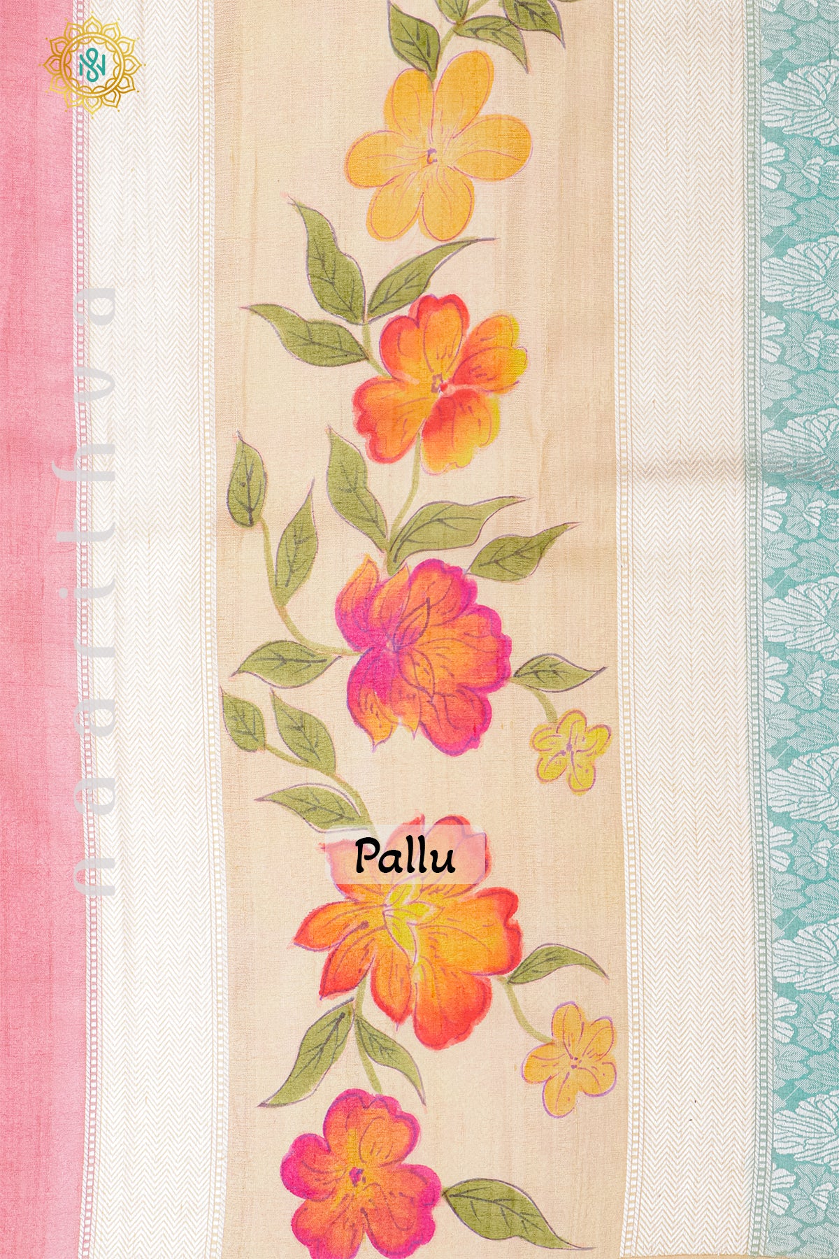 AQUA BLUE WITH BEIGE & PEACH - PURE HAND PAINTED TUSSAR GEORGETTE