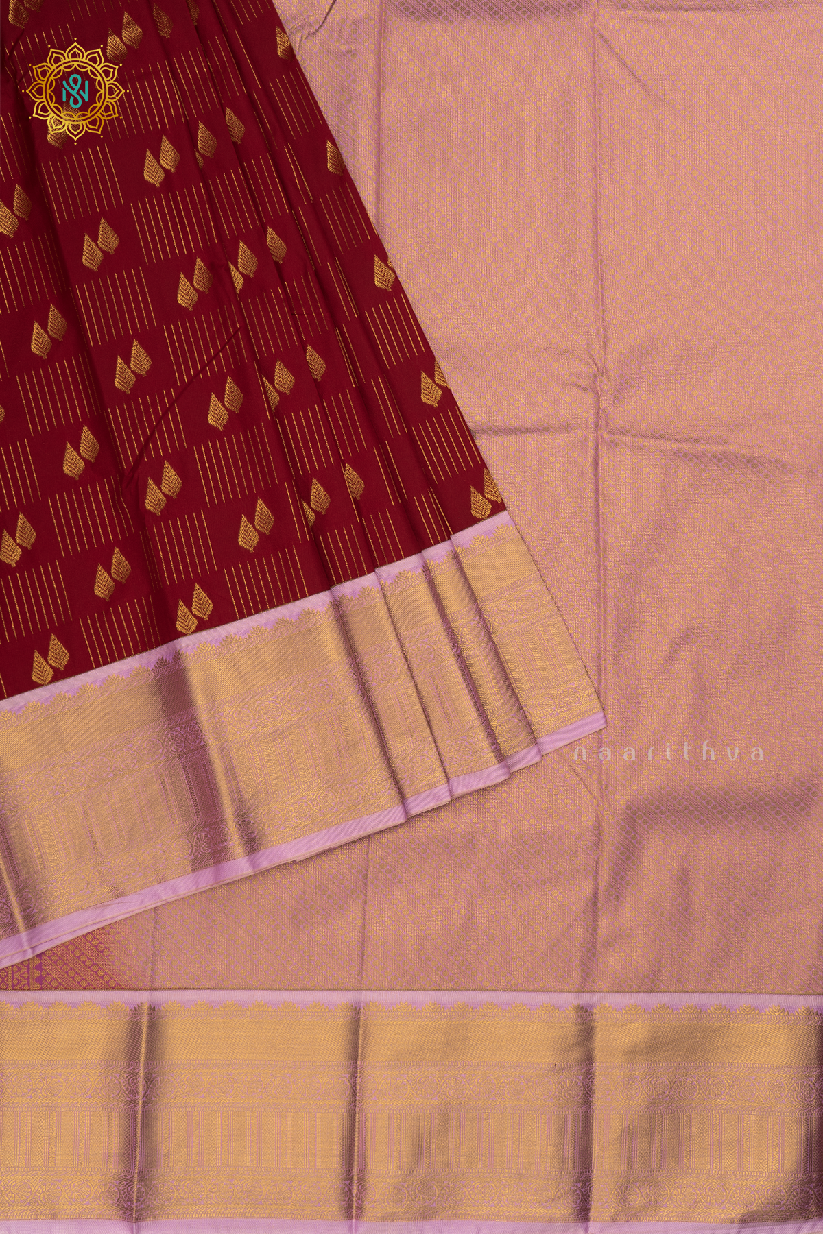 Dark Red with Lavender Semi Kanchi Saree With Zari Buttas All Over And Contrast Zari Border