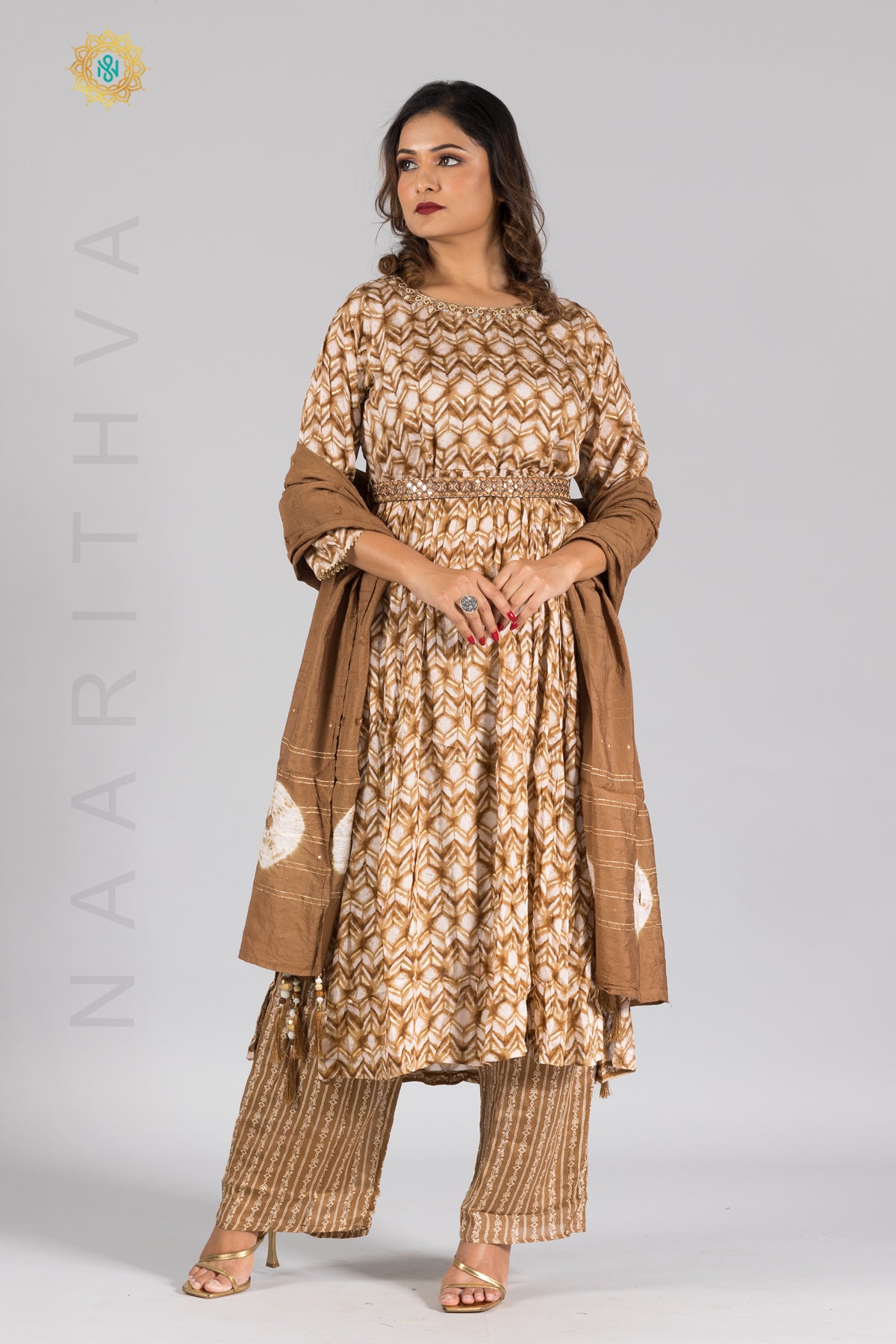 BROWN & WHITE - PARTY WEAR NAYRA CUT SALWAR SUIT WITH PARALLEL CUT PANT & DUPATTA