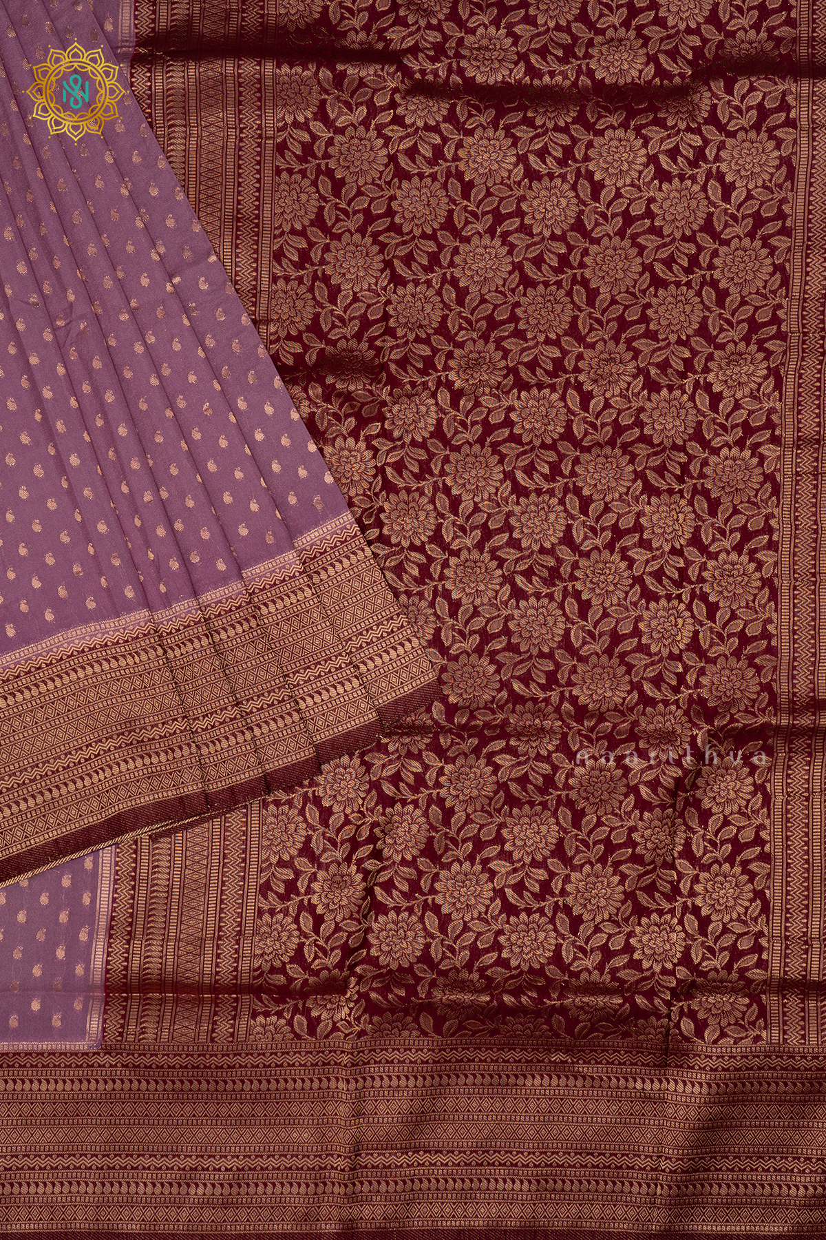 Lavender with Deep Wine Semi-Crepe Georgette Saree with Zari Buttas on the Body and a Contrast Zari Border