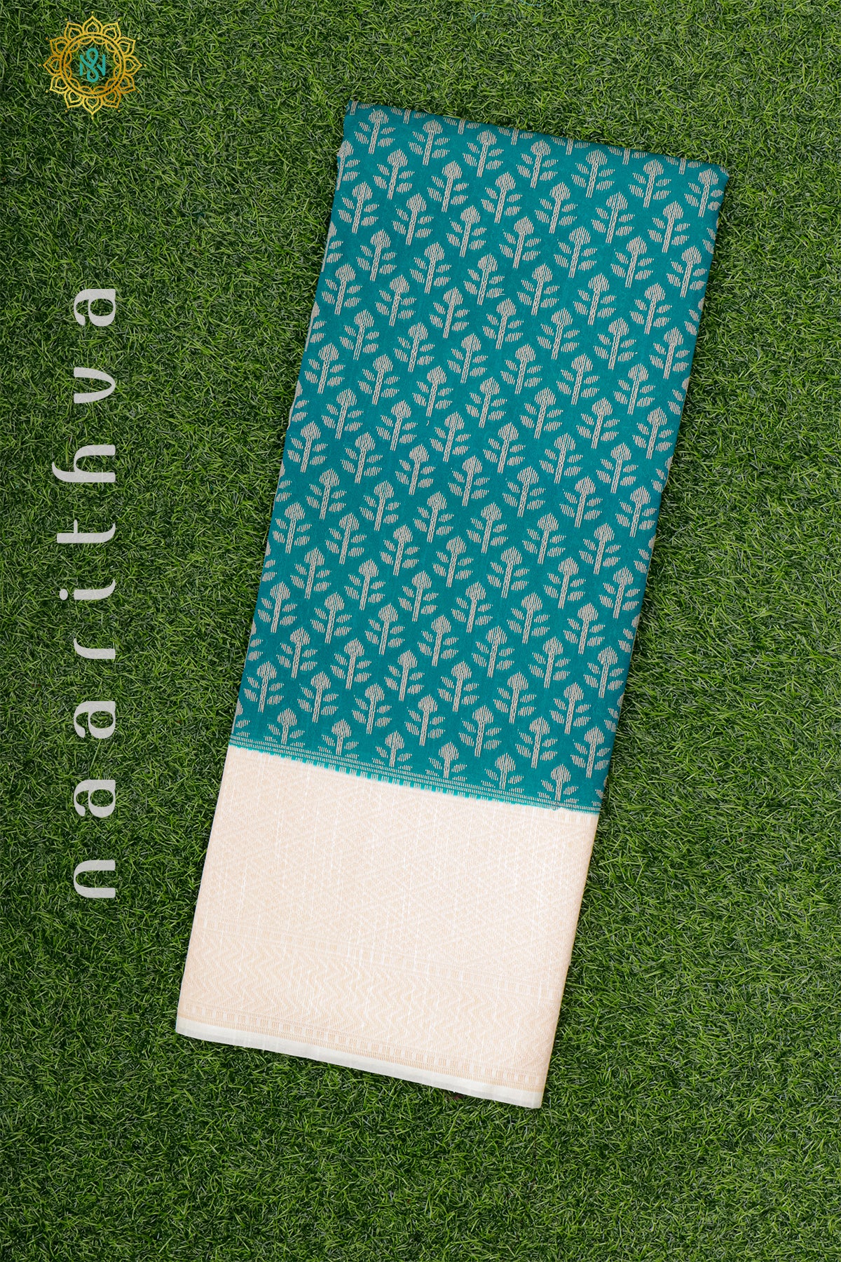 CYAN GREEN WITH OFF WHITE - JUTE COTTON