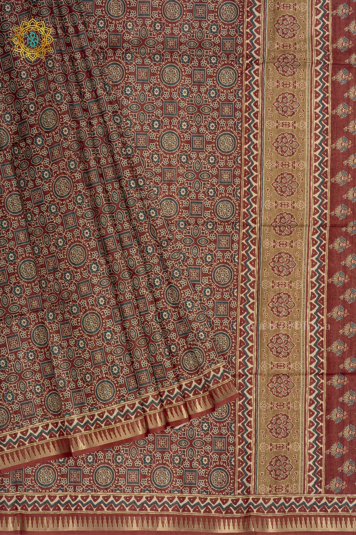 Brown - Semi Gicha Tussar Saree Allover Ajrakh Printed Body With Pallu And Blouse