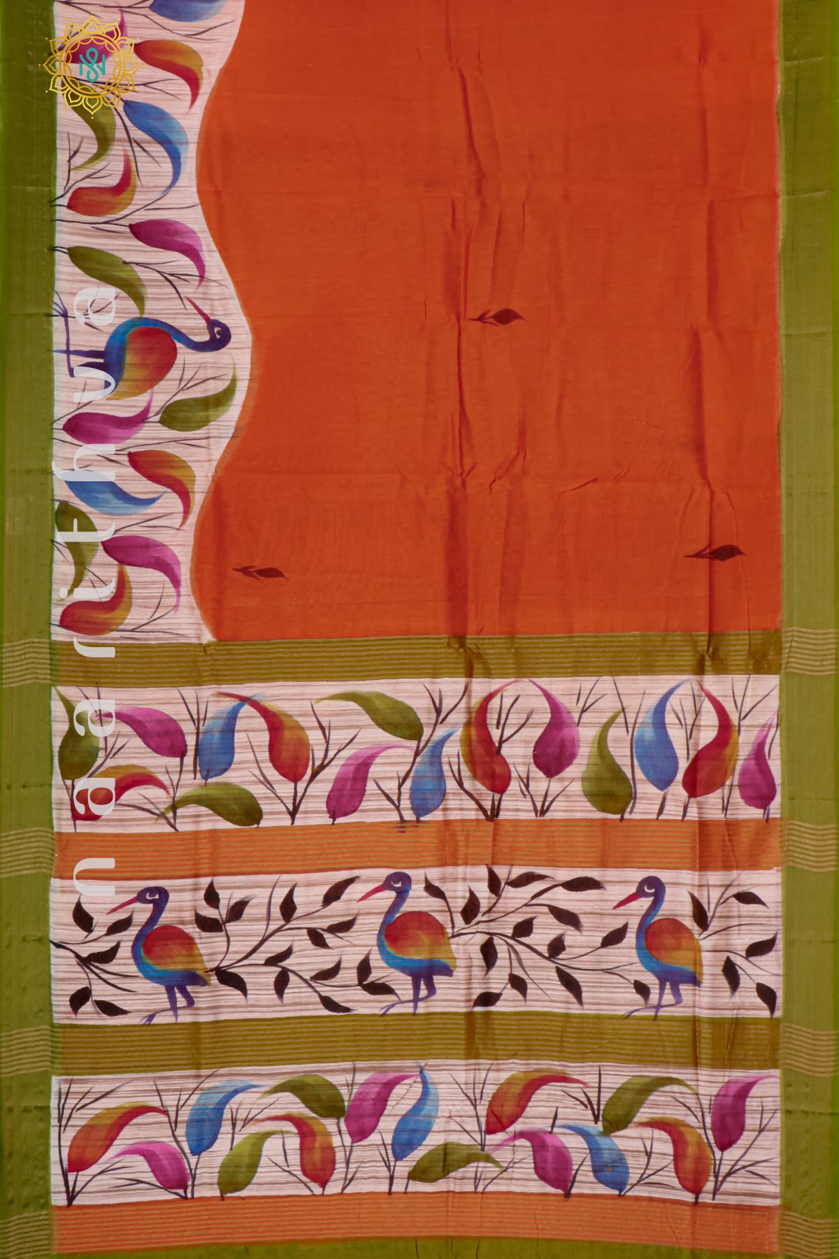 ORANGE WITH GREEN - CHANDERI SILK WITH HAND PAINTED