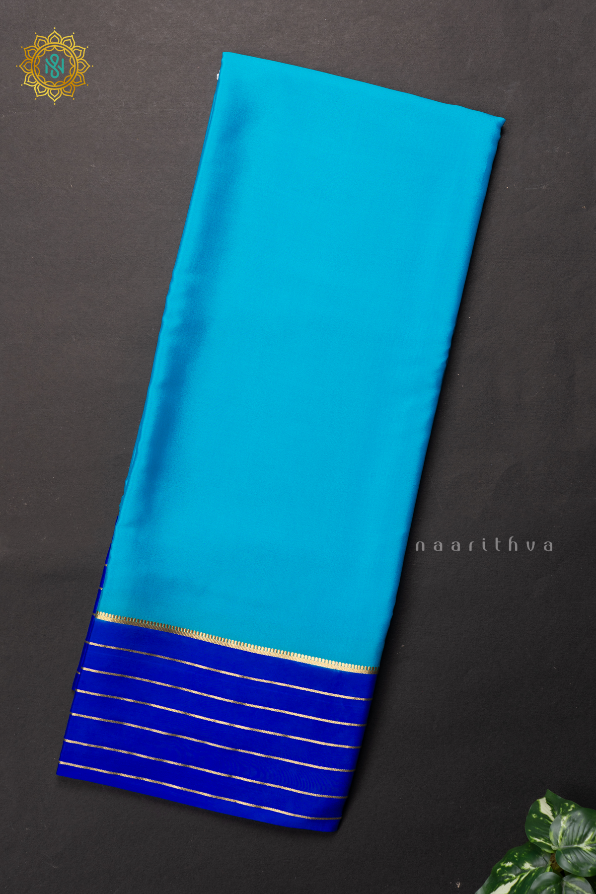 SKY BLUE WITH ROYAL BLUE - PURE MYSORE CREPE SILK