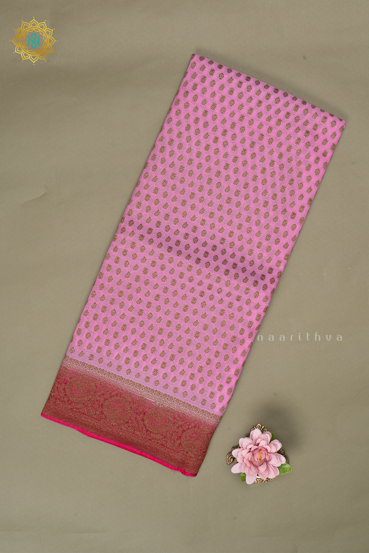 Light Pink With Rani Pink Semi Banarasi Georgette Saree Allover Zari Buttas On The Body With Contrast Zari Border & Pallu