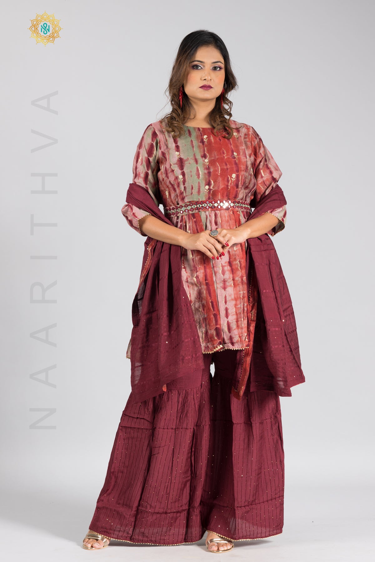 MAROON - PRINTED PAPLONE SALWAR SUIT WITH SHARARA PANT & DUPATTA