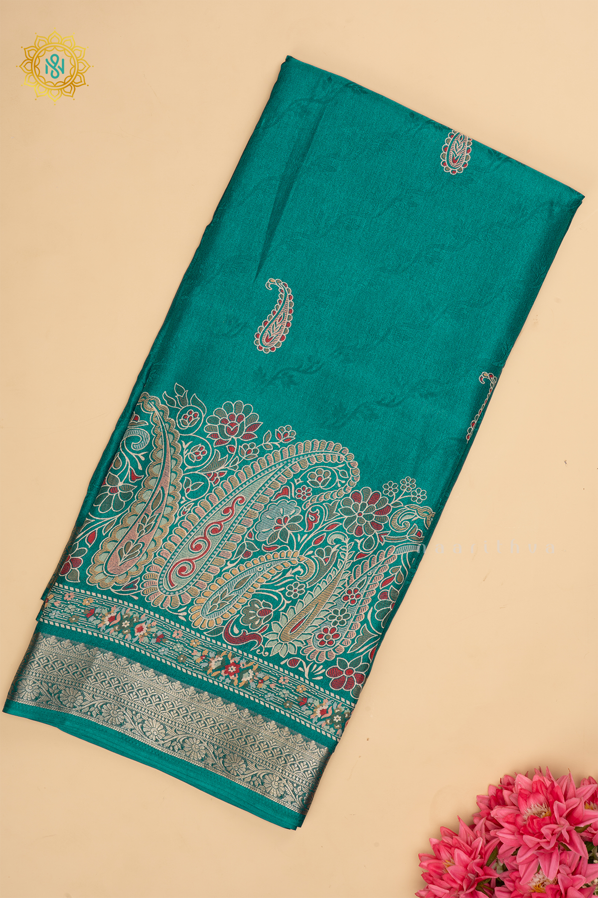 CYAN BLUE - SEMI GEORGETTE SAREE PRINTED BODY WITH ZARI BORDER