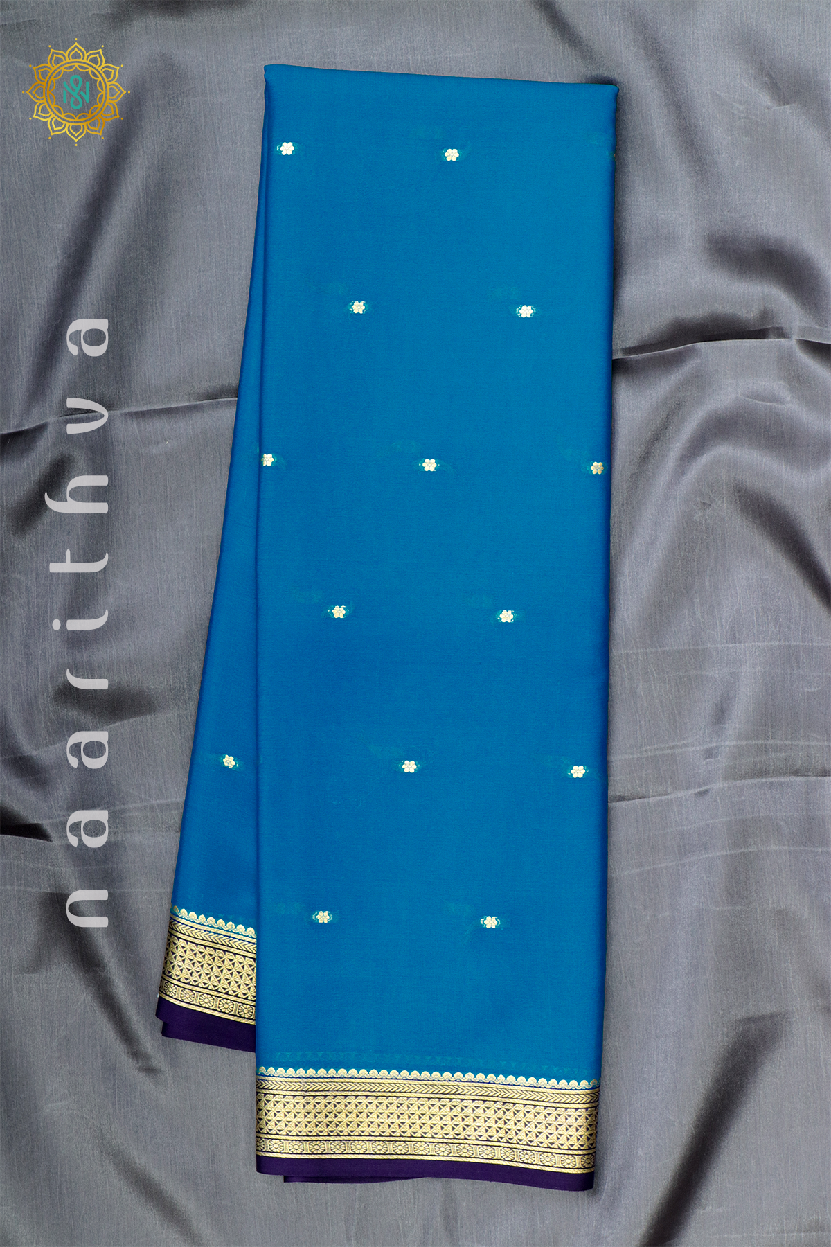 LIGHT BLUE WITH NAVY BLUE - PURE MYSORE CREPE SILK