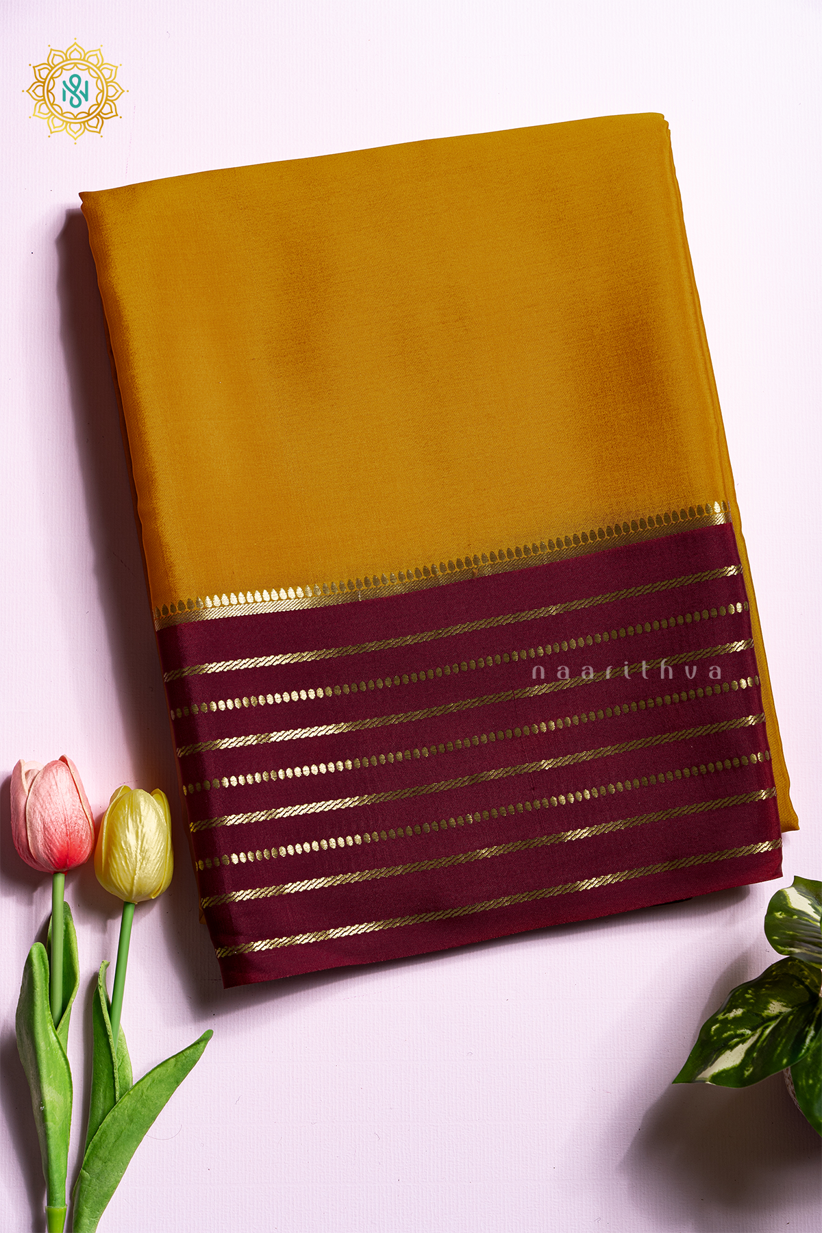 MUSTARD WITH MAROON - PURE MYSORE CREPE SILK