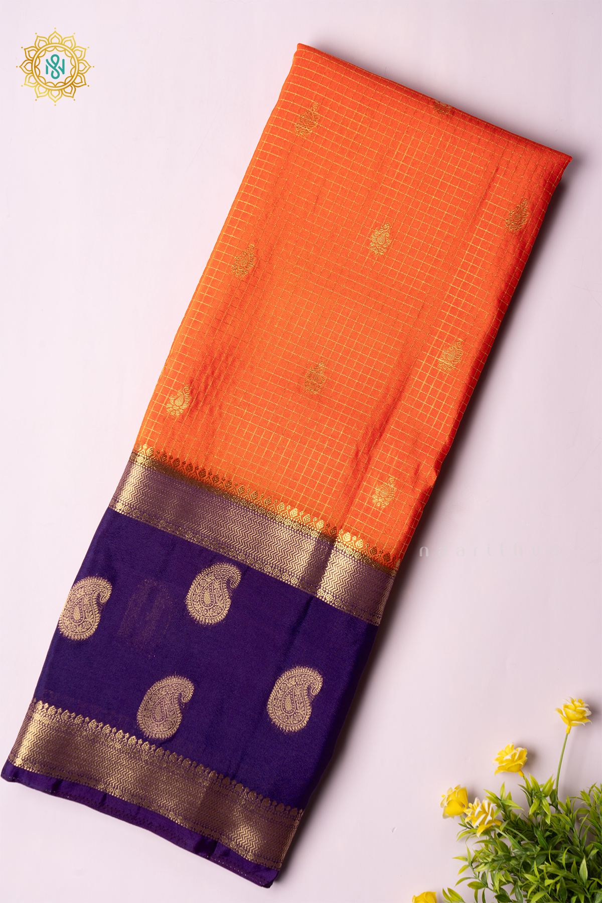 ORANGE WITH PURPLE - SEMI MYSORE CREPE SILK