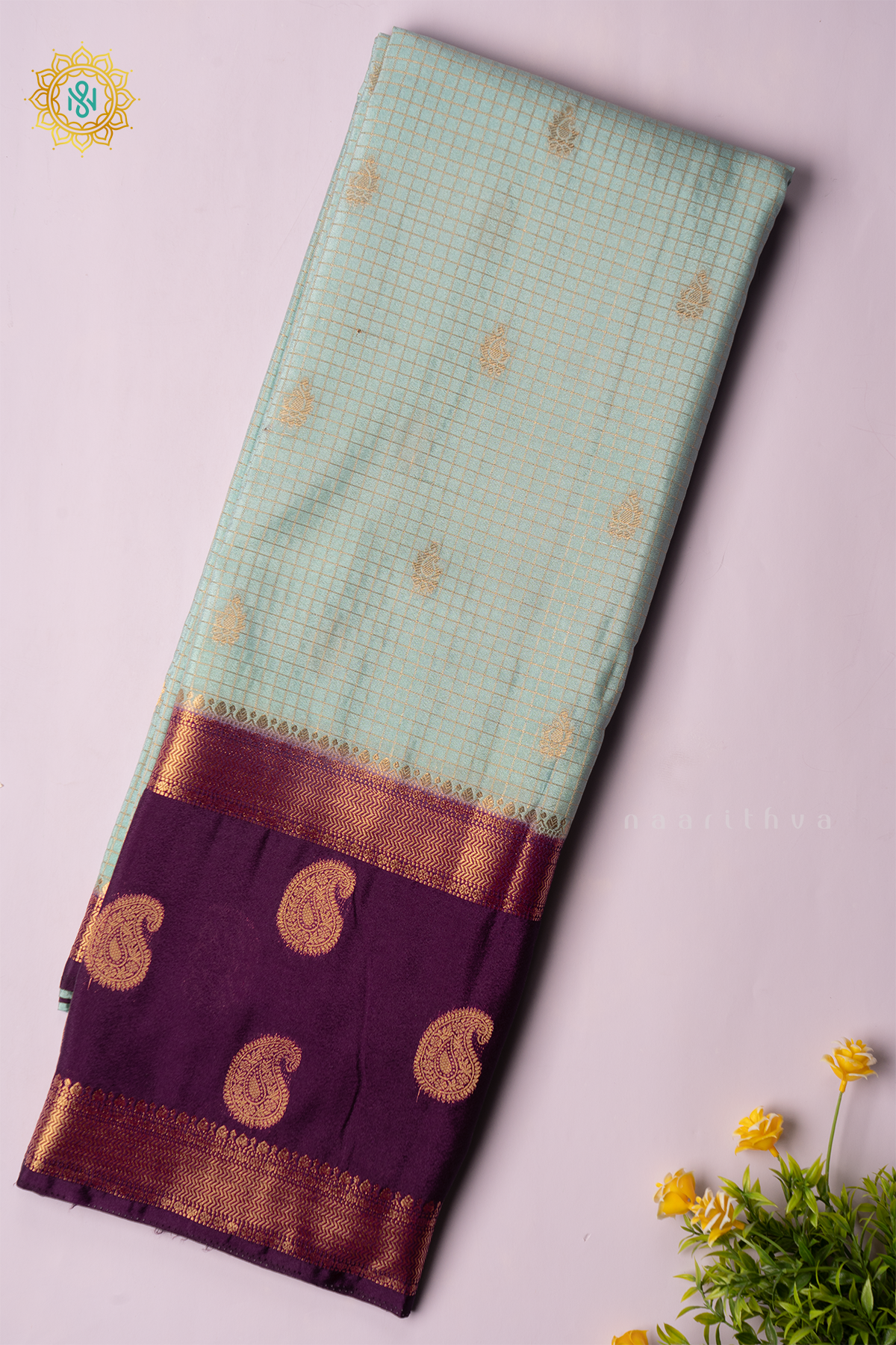 AQUA BLUE WITH WINE - SEMI MYSORE CREPE SILK