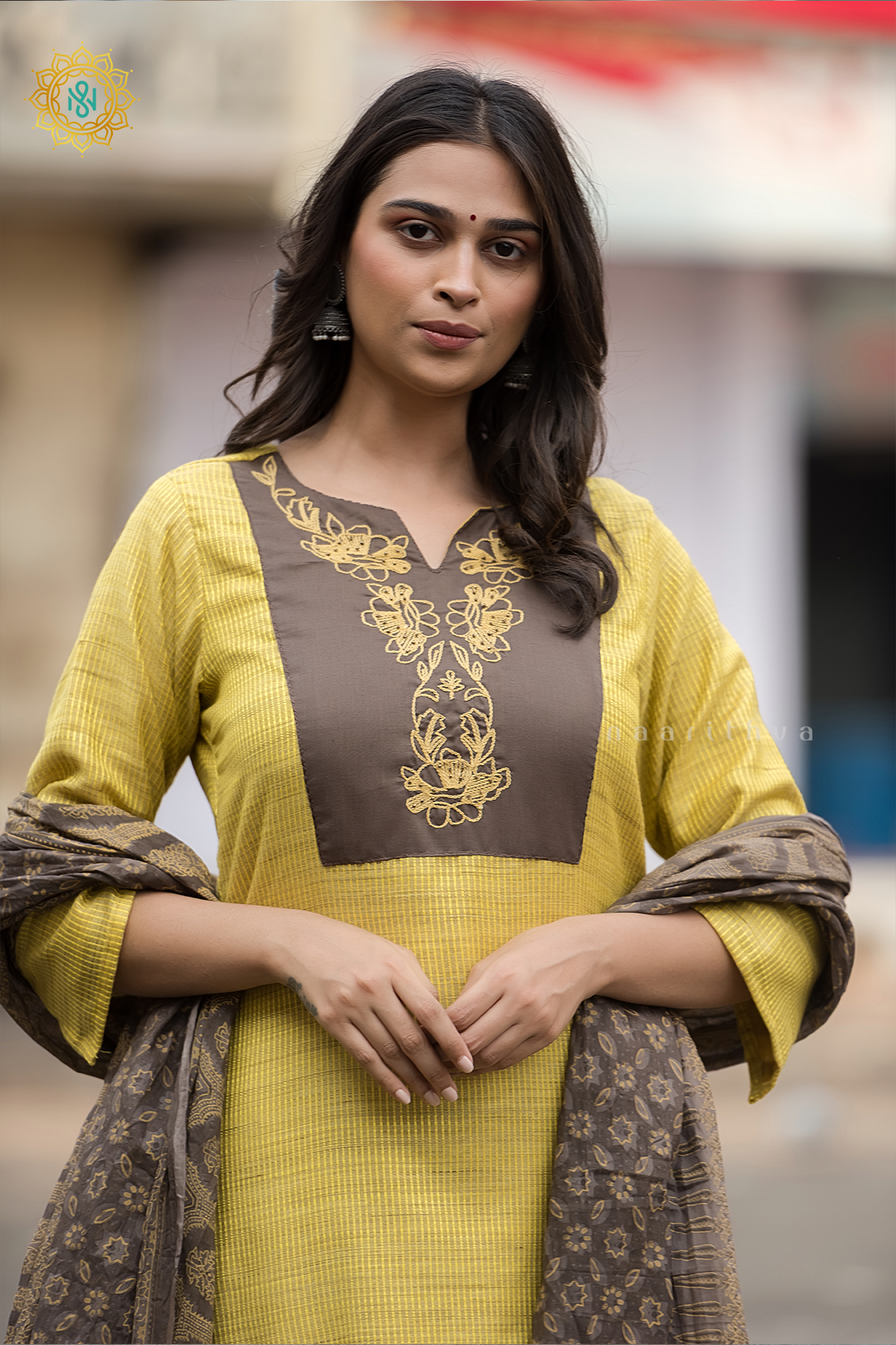 YELLOW WITH BROWN - LINEN BY COTTON 3PC SALWAR SUIT WITH TOP, BOTTOM & DUPATTA